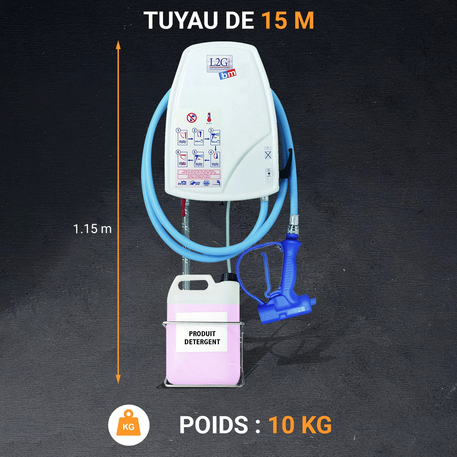 L2G - Centrale de Nettoyage Carénée - Coque en PVC Thermoformé - Conforme Normes HACCP - Livrée Avec Kit Raccordement + Support Bidon 5L + Pistolet + Tuyau 15m