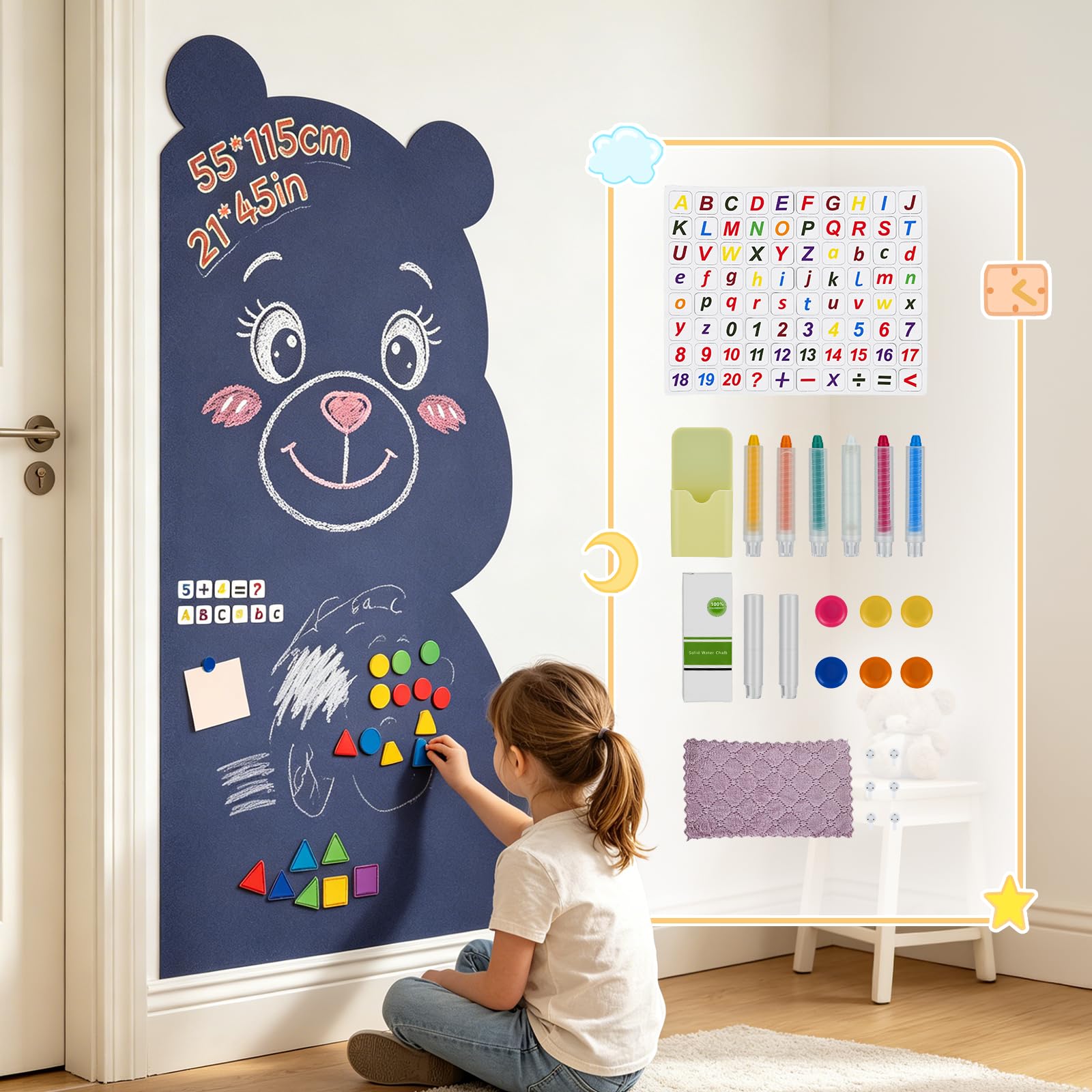 Bear-Shaped Magnetic Chalkboard Wall Sticker, 45 × 21 inches (115 × 55cm) Drawing Board with Magnetic Letters, Numbers, 6 Chalks, Cleaning Rag, Pen Holder & Accessories
