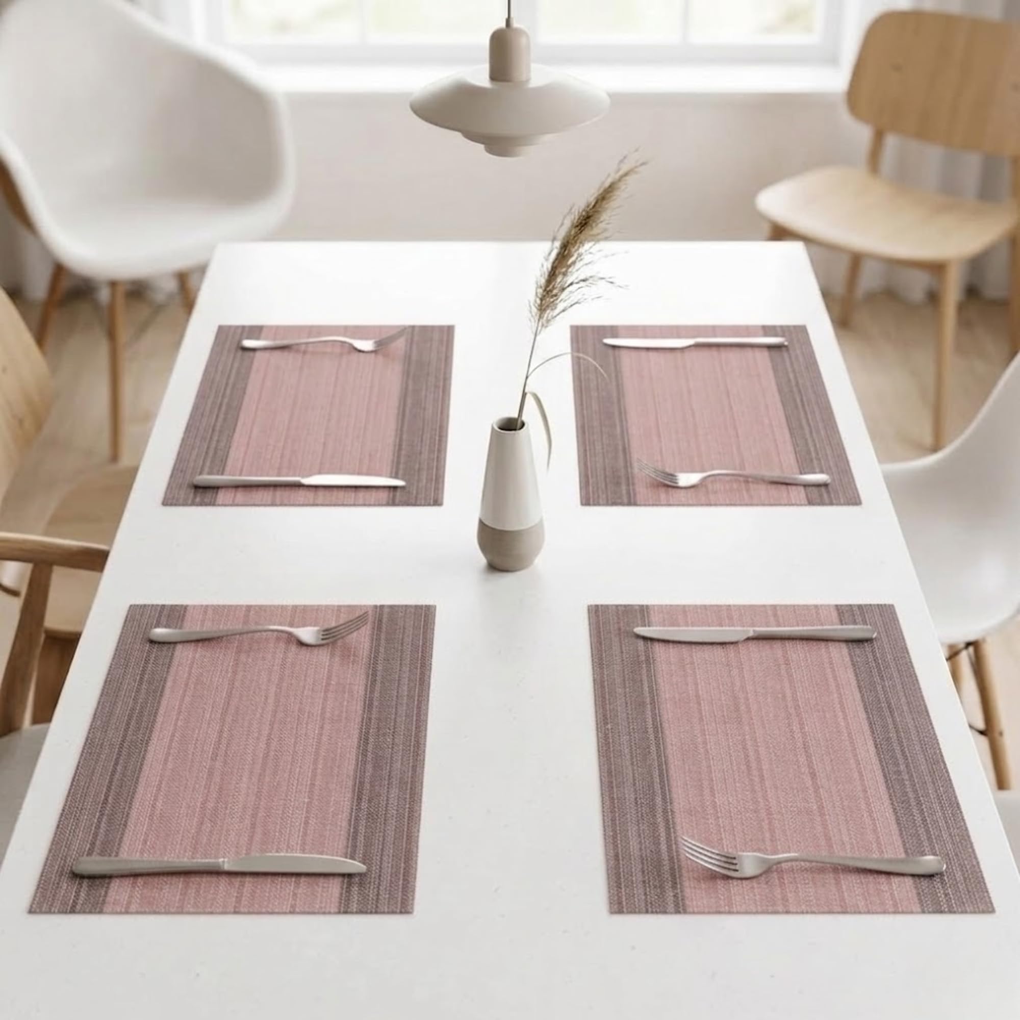 daiDokoro Rectangular Crossweave Woven PVC Vinyl Non-Slip Insulation Heat-Resistant & Waterproof Stain Resistant Washable Placemat for Dining & Kitchen Table-(Peach & Brown,Set of 4)