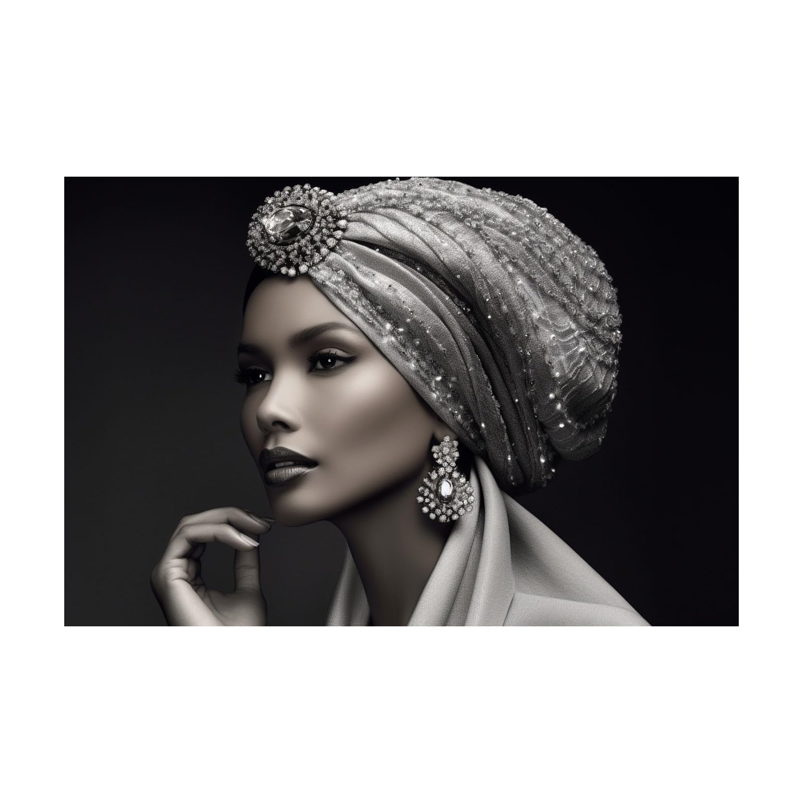 TERUEA Glamorous Art Deco Inspired Woman with Silver Turban and Jewelry Portrait Women Wall Art Canvas Artwork Canvas Art Home Decor Home Wall Decor(Silver)-70x100cm Unframed