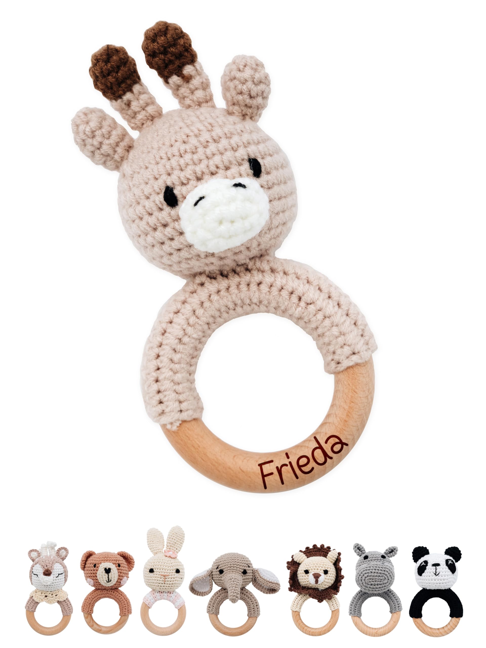 Brenfreunde - Personalised Teething Ring Baby - Cute Grasping Toy for Babies from 0 Months - Baby Rattle with Name as a Baby Gift for Girls and Boys (Giraffe, Without Name)