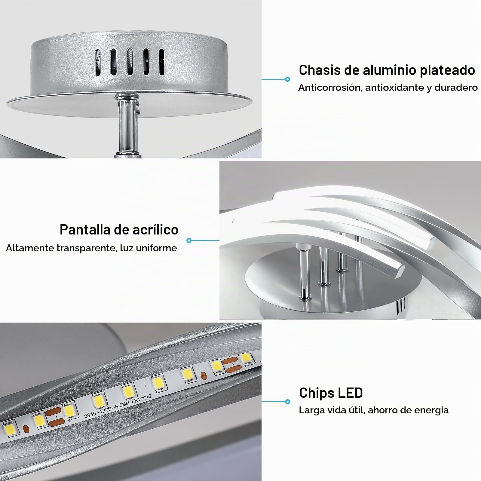 Toolight Lámpara de Techo, 32W 3600LM Plafon LED Techo de Moderna Diseño Curvo 60CM, Lamparas de Techo para Salón Dormitorio Cocina Estudio Pasillo, Blanco Frío 6500K, Plata