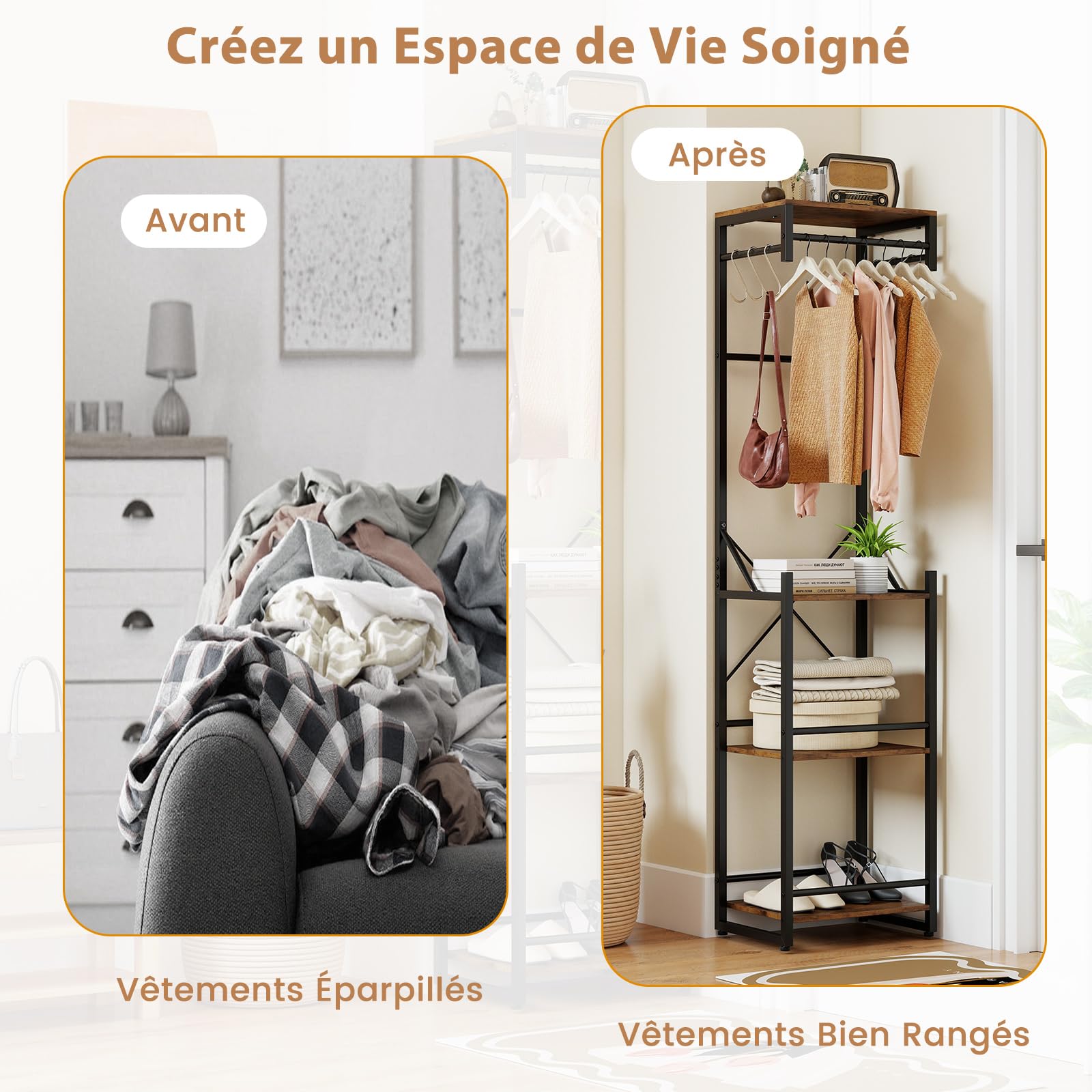 COSTWAY Porte-Manteau sur Pieds, Portant a Vetement avec Étagère à Chaussures, 6 Crochets, 3 Tringles à Vêtements, Cadre en Métal, Meuble d'Entrée Vestiaire Industriel, pour Entrée, Couloir, Chambre