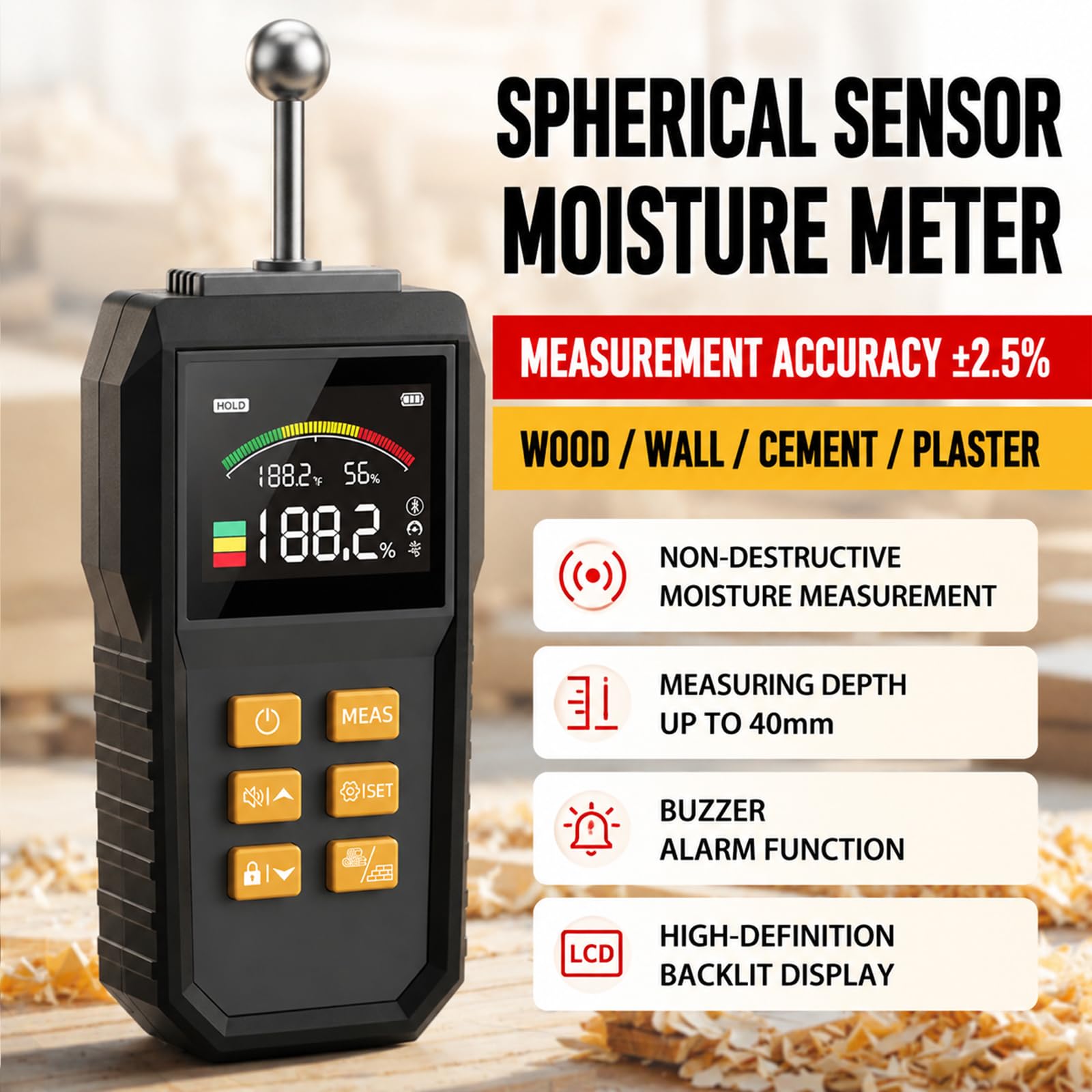 Medidor De Humedad De Hormigón Inductivo No Destructivo con Sonda De Bola, Profundidad De Detección De 5–40 Mm, con Alarma Sonora, Función De Retención De Datos Y Calibración Manual