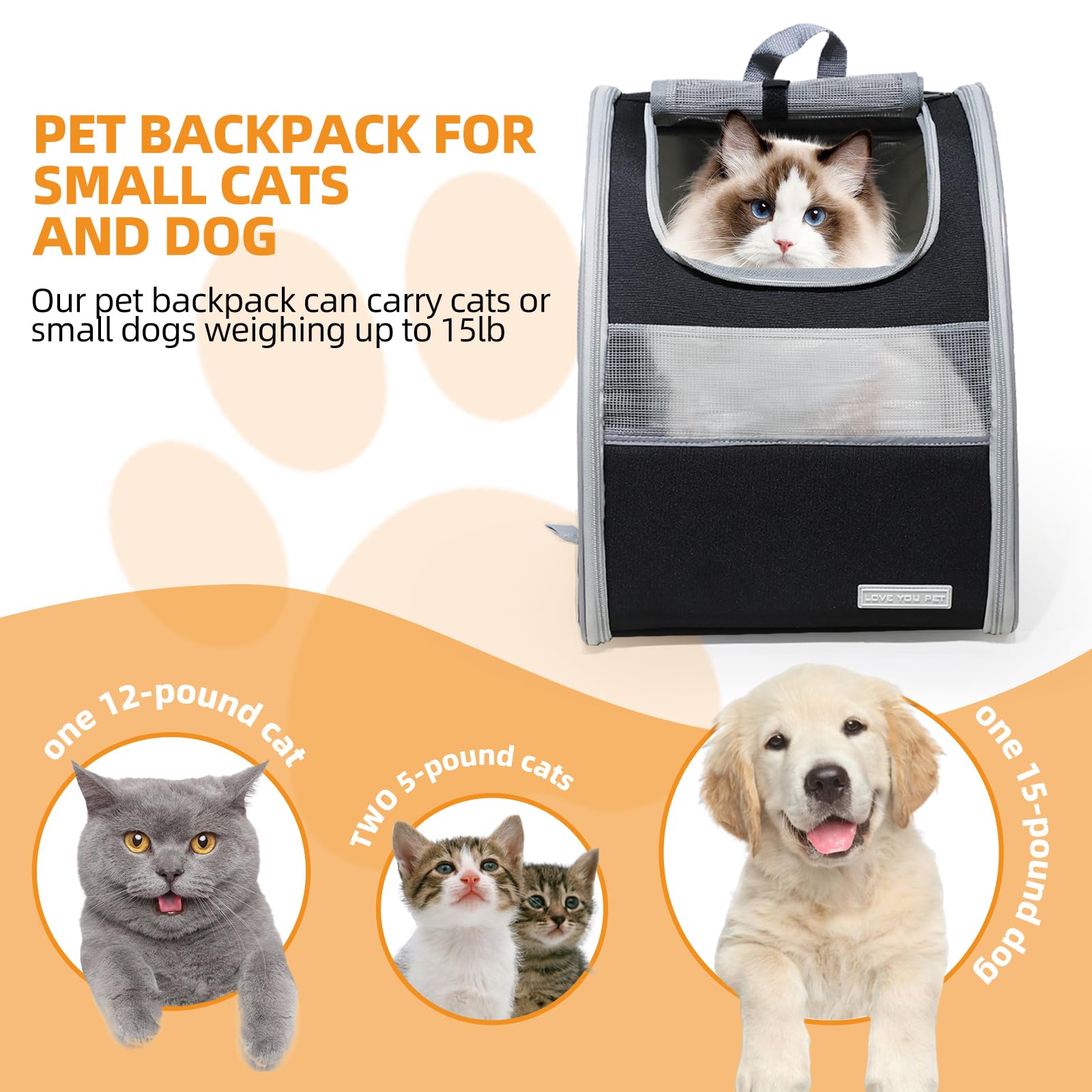 Bolsa de transporte para gatos, transportador de mascotas para gatos y perros, hasta 30 libras, bolsa de viaje plegable, mochila de gran espacio para viajes, color negro