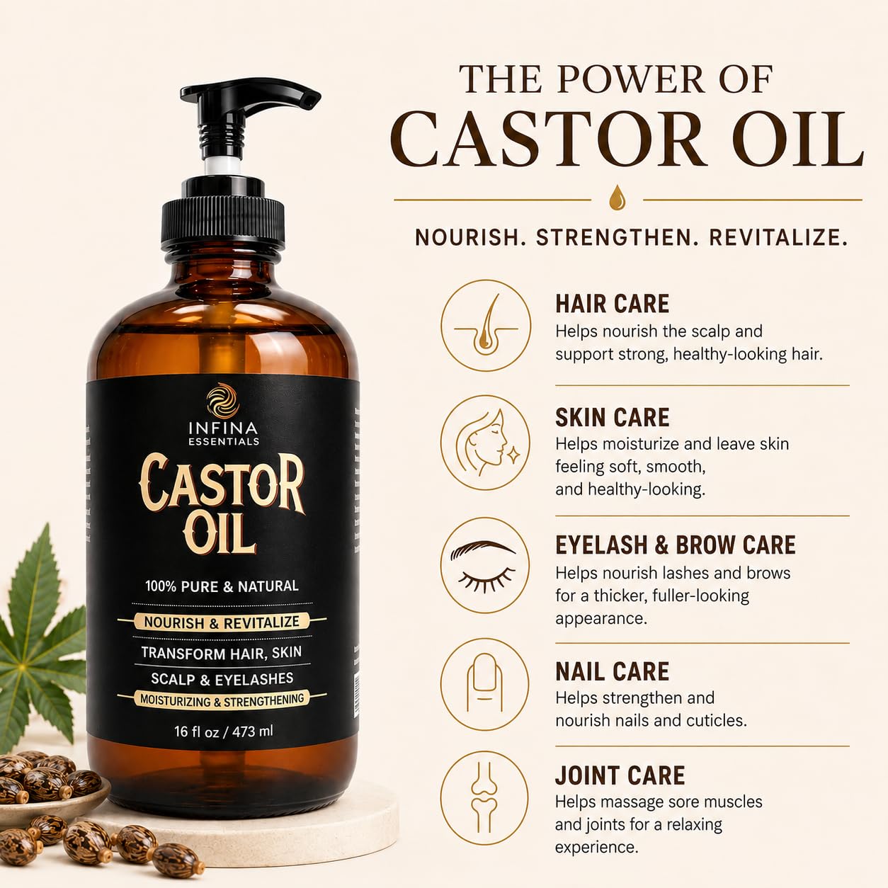INFINA ESSENTIALS Pure Castor Oil for Hair Growth, Scalp, Skin, Face & Eyelashes - 100% Pure Hexane Free Cold Pressed Castor Oil Glass Bottle - Nourish & Moisturize Hair & Skin - 16 fl oz
