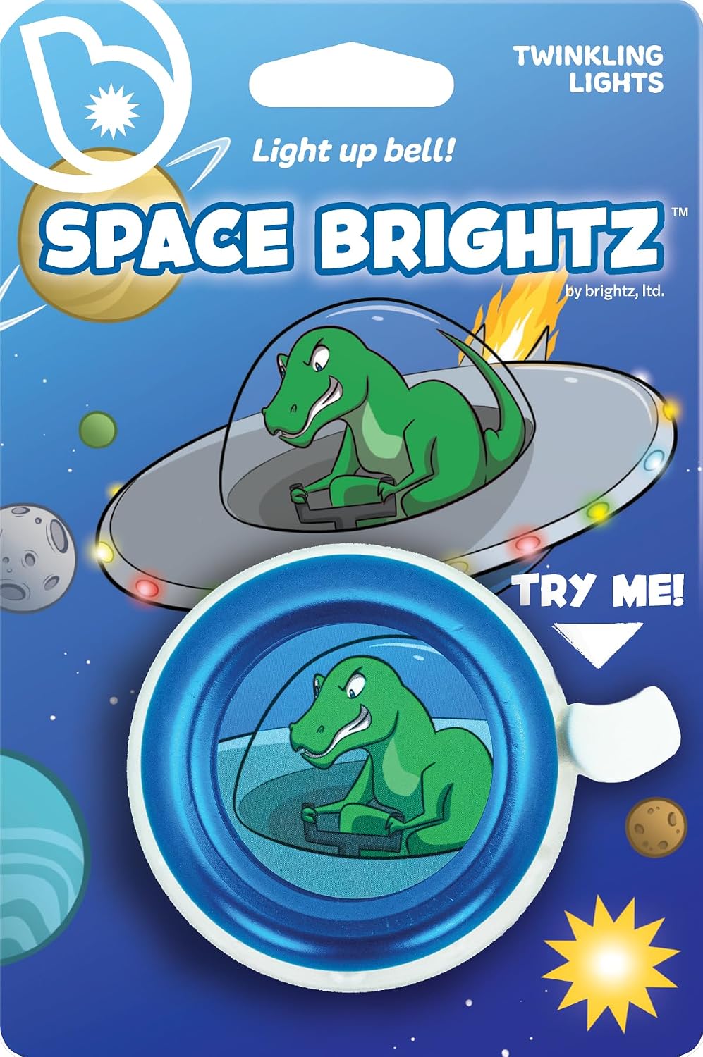 Brightz SpaceBrightz LED Light Up Bike Bell for Kids - Blue Dinosaur Bicycle Bell with Twinkling Multicolor Lights, Rings & Glows - Weather Resistant Handlebar Bell for Boys, Ages 5+