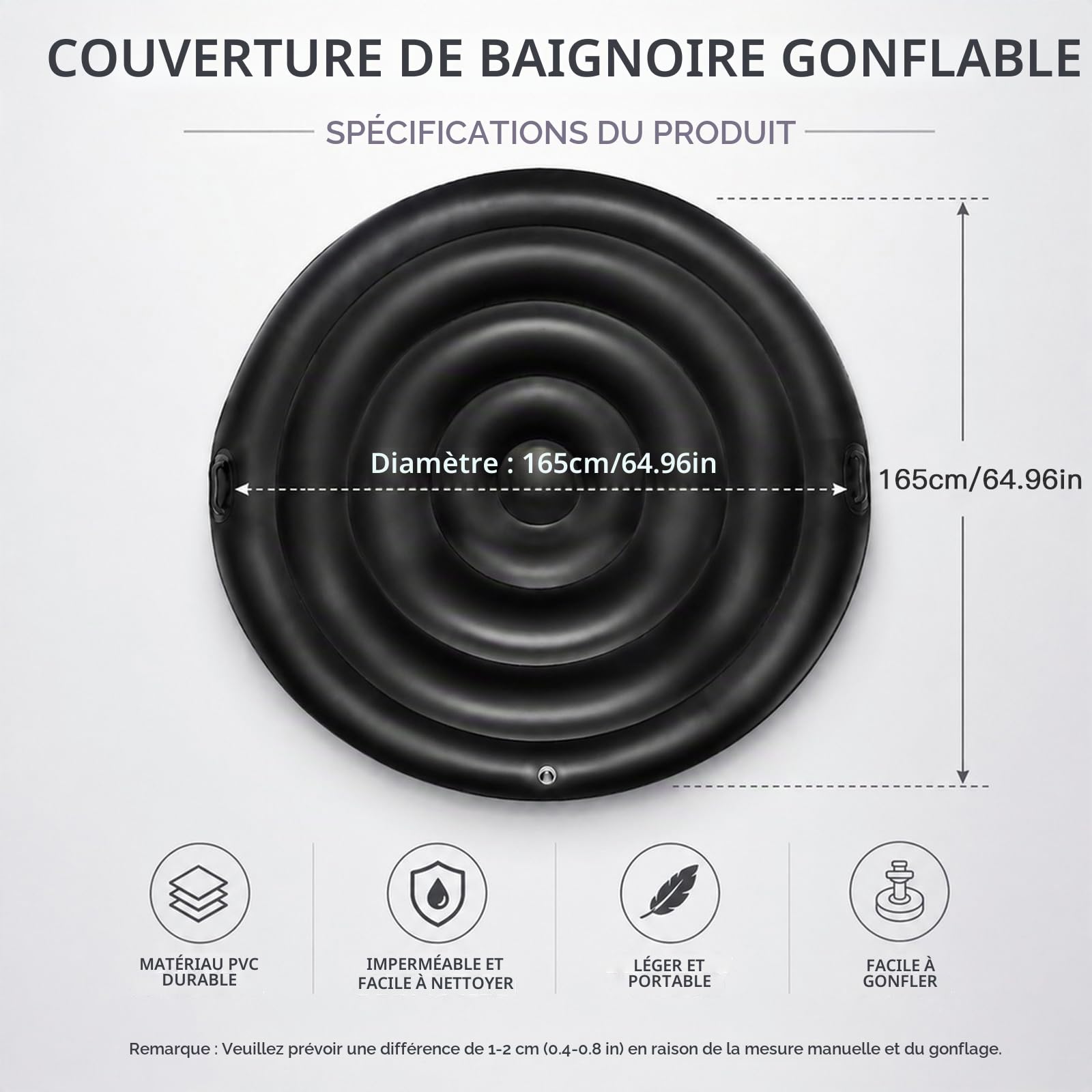 Couverture Thermique pour Bains à remous Ronde et Gonflable avec poignées, Couvercle de Spa Gonflable, Couvercle de Bain à Remous de qualité supérieure et économe en énergie (Noir, 165CM)