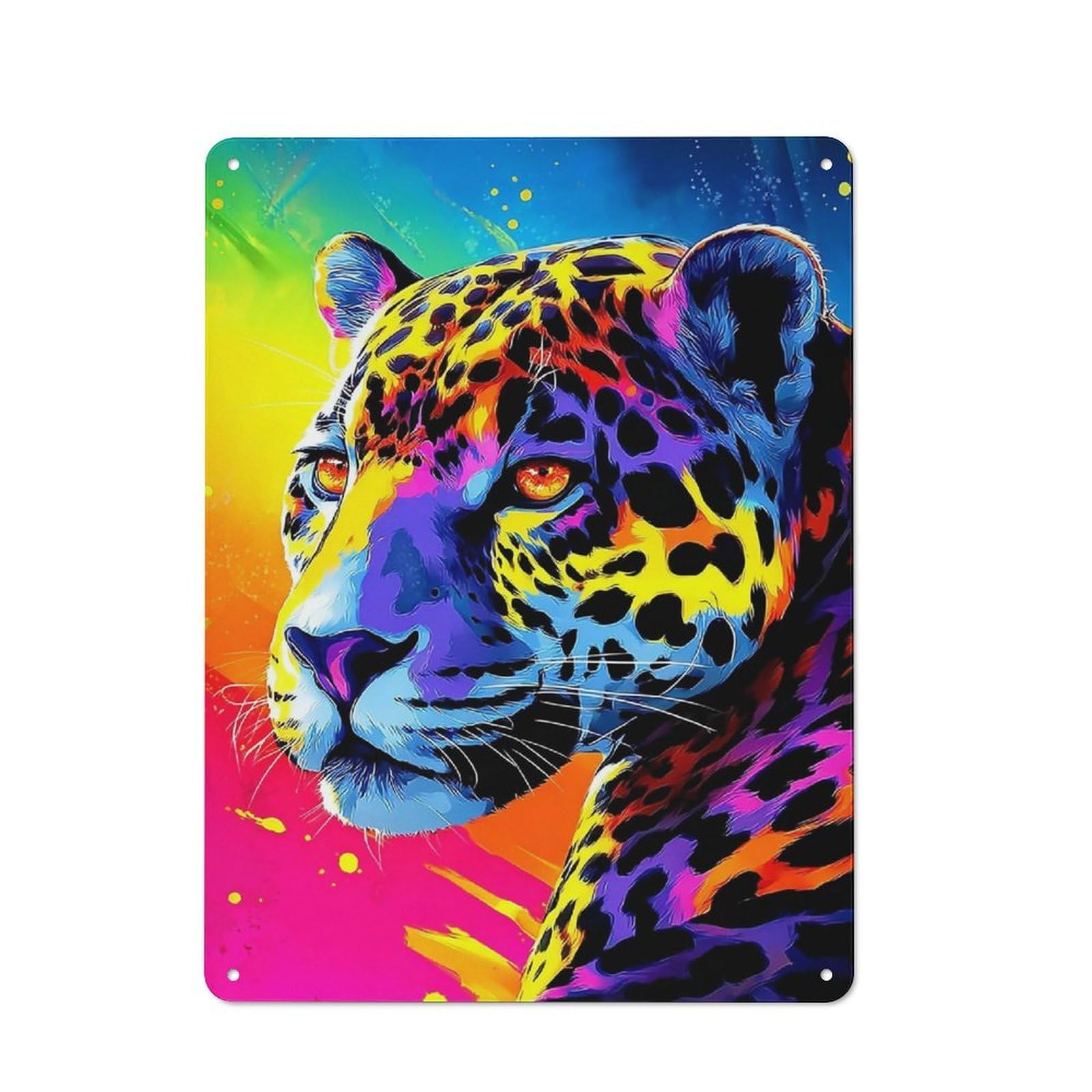 Colorful Leopard Portrait -6 Metal Wall Sign 40x30cm, Clean Industrial Loft Wall Plaque for Workspace, Cafe, Hallway Or Garage