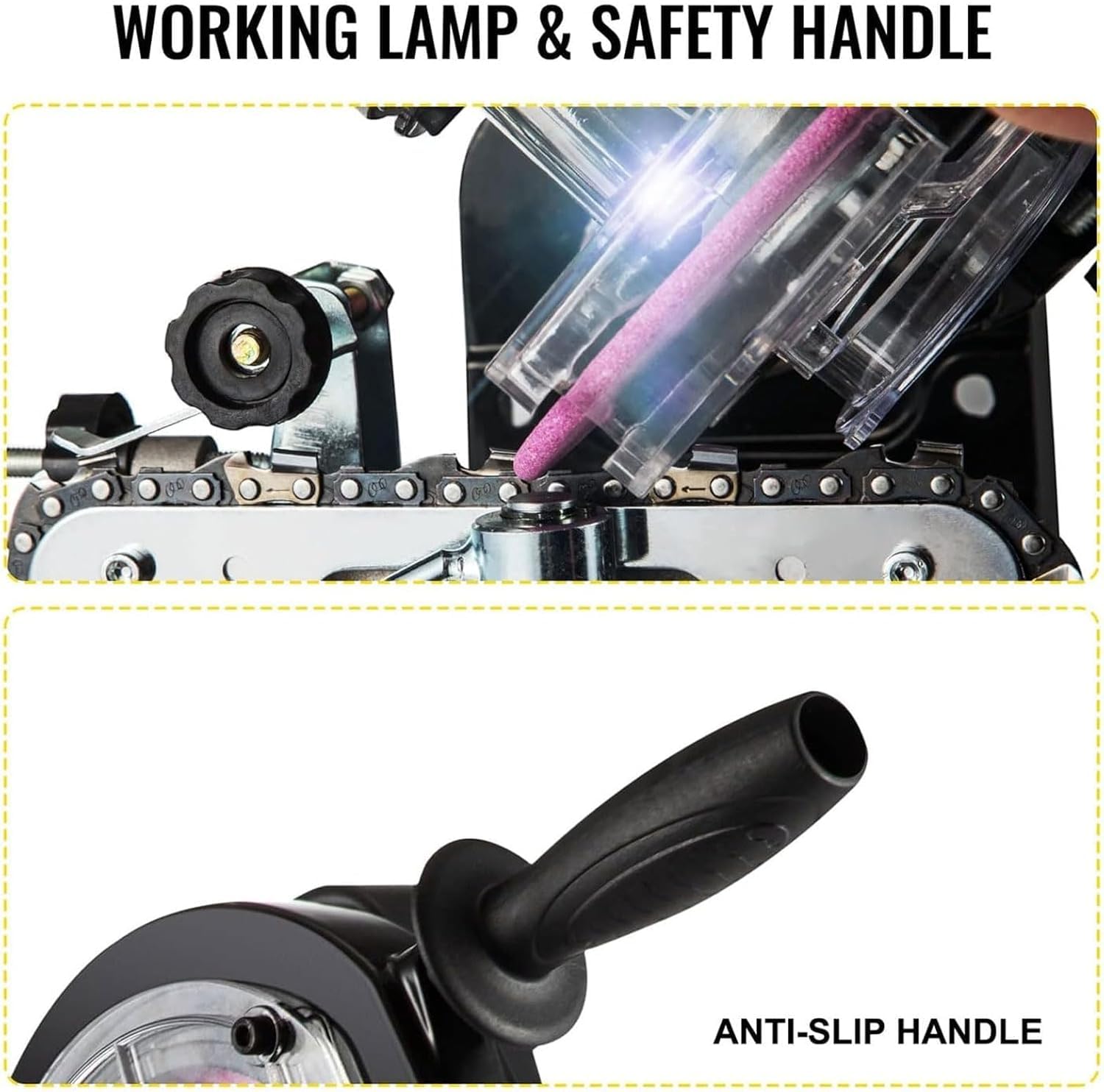 Afiladora de motosierras de 230 W, Amoladora de Cadenas portátil, ángulo Ajustable de 0 a 35°, 2 muelas afiladoras, para Uso doméstico, Industrial y Comercial.