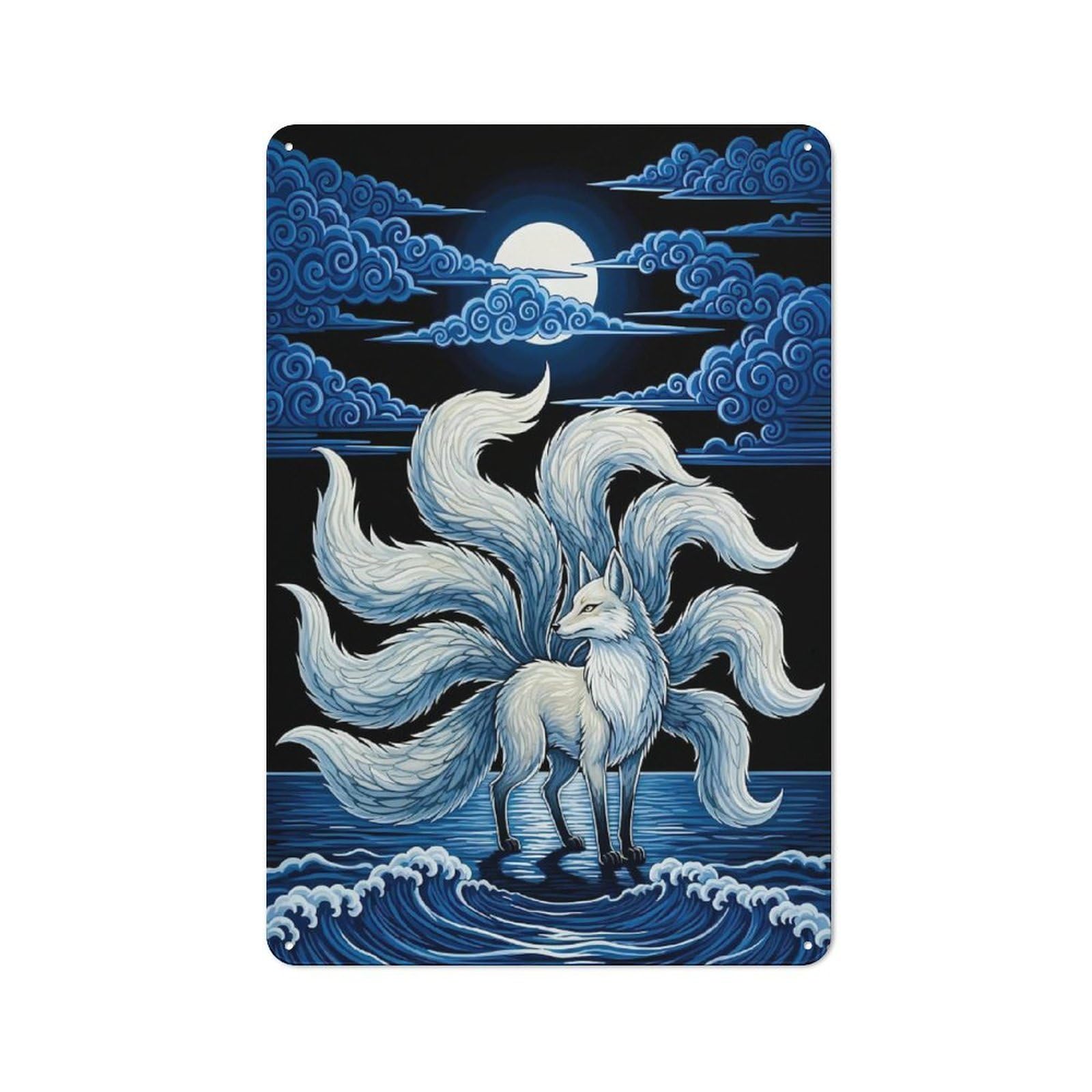 Nine-Tailed Fox in Moonlight Tin Sign 30x20cm, Garage Style Workshop Wall Decor for Garage, Workshop, Shed Or Utility Room