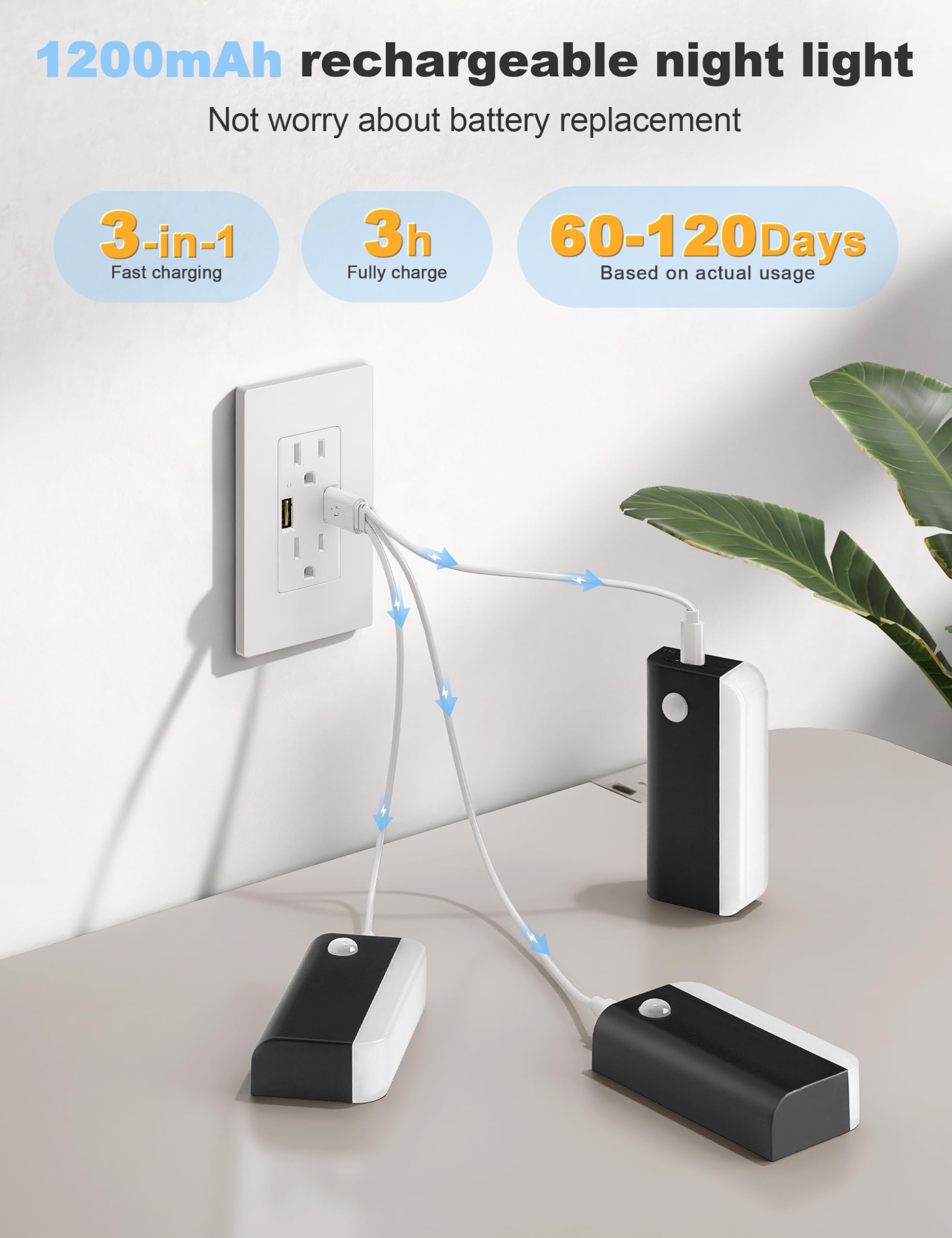 VOLISUN 6 Stück Nachtlicht mit Bewegungsmelder, 1200-mAh-Akku Treppenlicht mit Bewegungsmelder, Drahtlose magnetische LED Nachtlicht mit 3 Lichtmodi für Treppen, Schlafzimmer, Badezimmer (Schwarz)