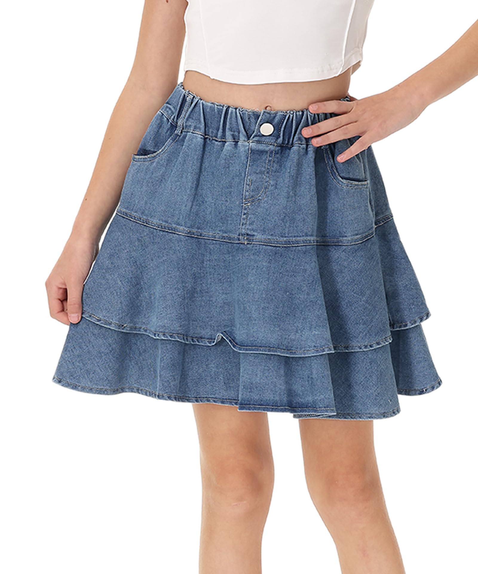 Citridarll Girl's Denim Ruffle Skirts Little Kids Girls A Line Pleated Jean Skirts with Pocket