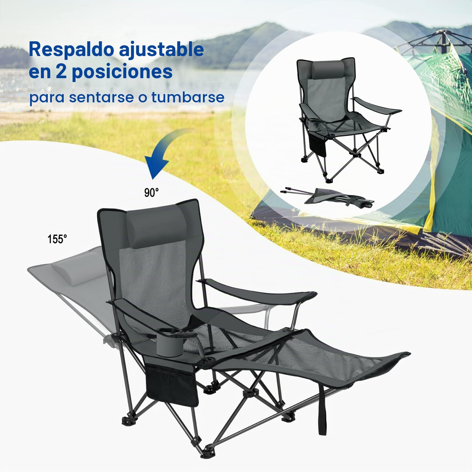 eSituro Silla de Camping Plegable Portátil con Respaldo Ajustable y Reposabrazos, para Pesca, Senderismo y Acampada (2, Gris)
