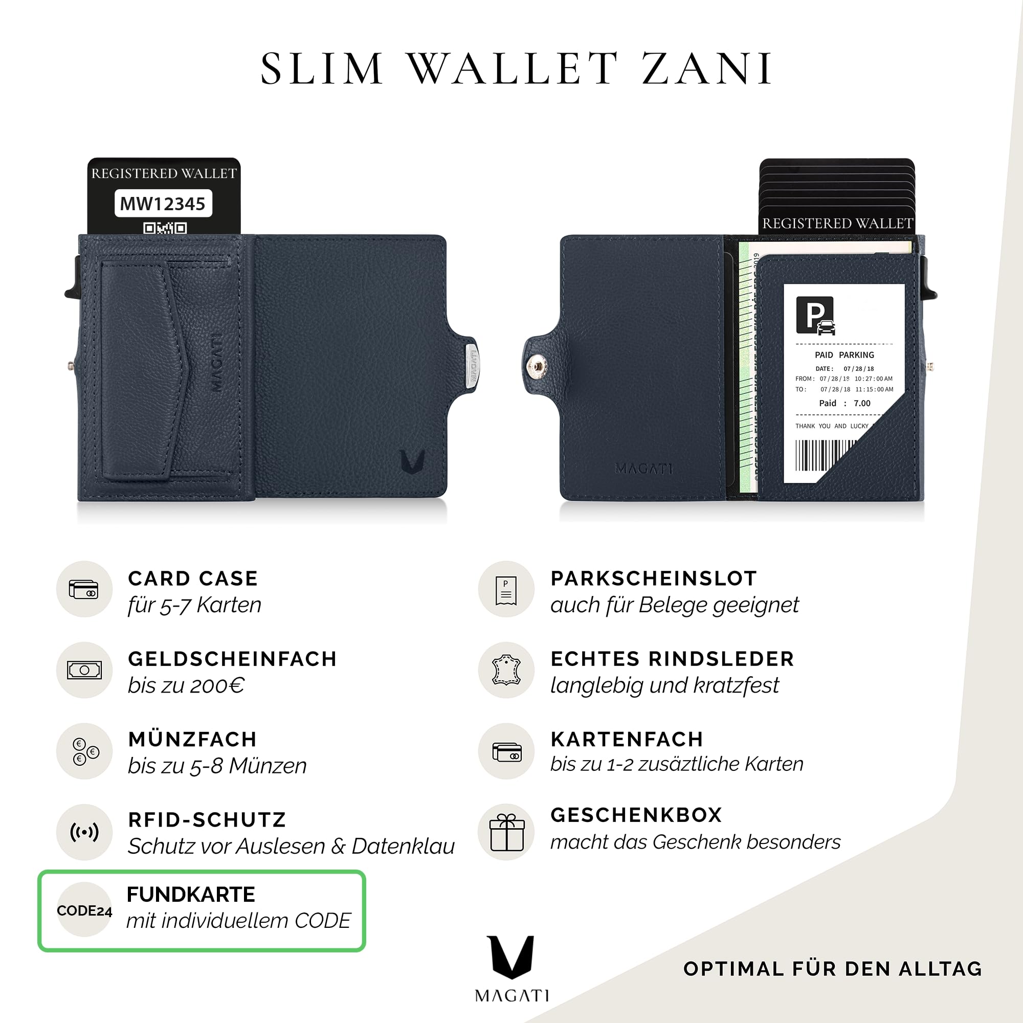 MAGATI Slim Wallet Zani aus Leder mit Fundservice, Kartenetui - Geldbörse mit Münzfach & RFID Blocker, Portmonee mit Kartenhalter & Geldscheinfach, Blau
