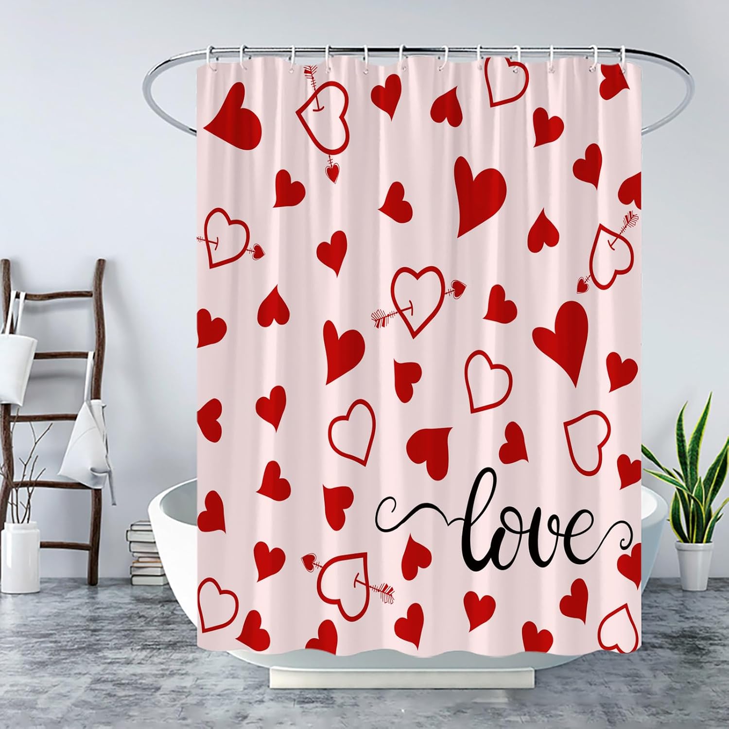 Valentine's Day Shower Curtain Pink Red Love Heart Romantic Sweetheart Sweet Couple Lover Theme Holiday Bathroom Curtains Decor with Hooks