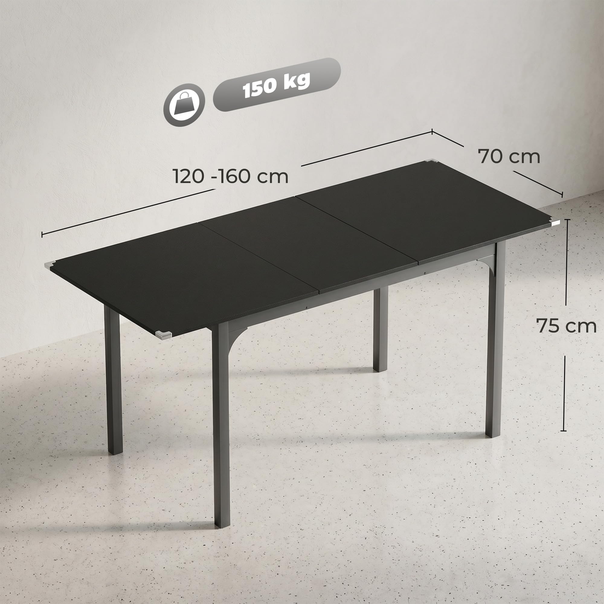 HOMCOM Tavolo da Pranzo Allungabile 4-6 Posti Espandibile 120-160 cm Nero | Tavolo Moderno, da Cucina e Studio, Rettangolare, con Gambe in Acciaio