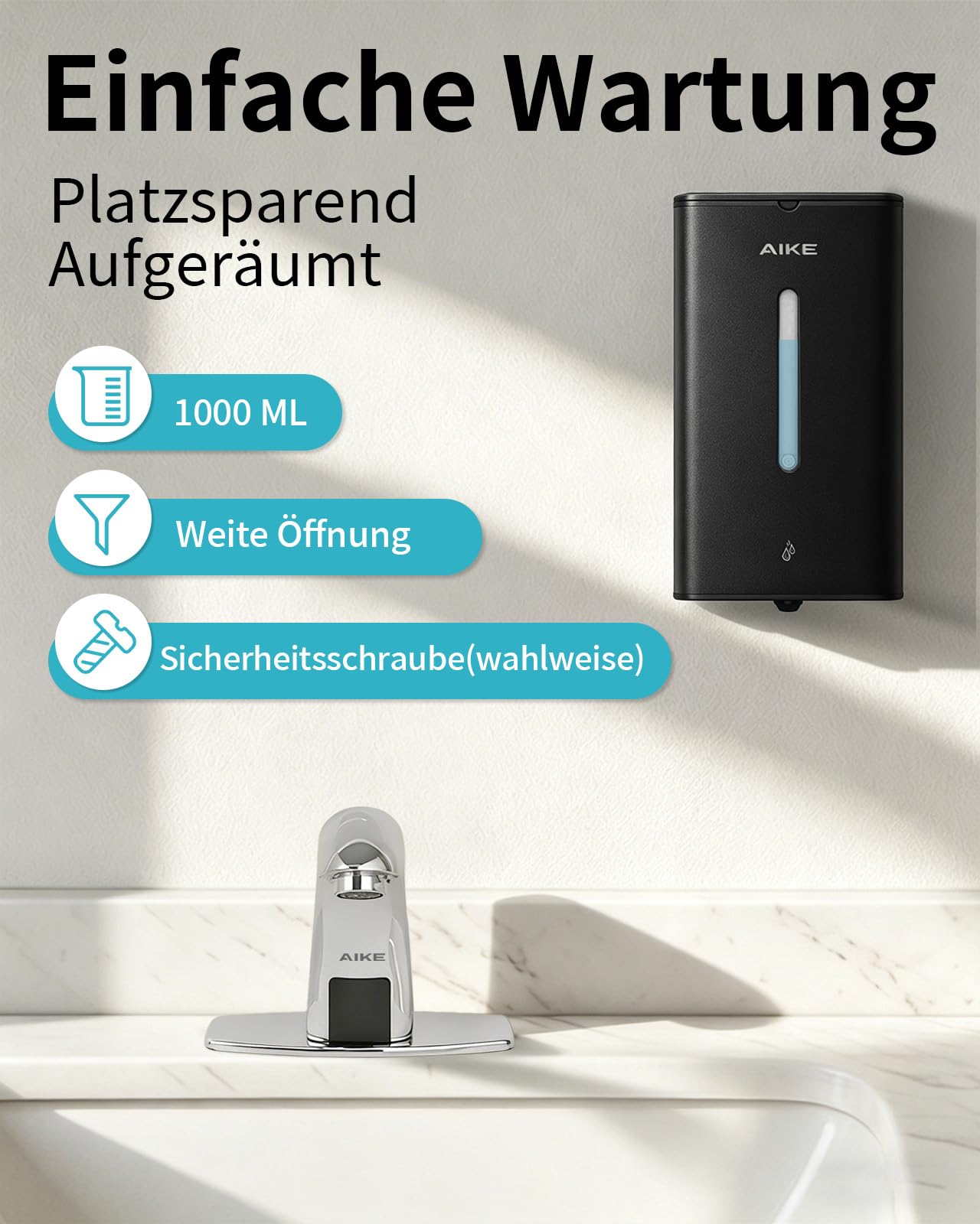 AIKE Square Automatischer Seifenspender Für Flüssigseife, 1000 ML Wandmontiert, Edelstahl-Optik, AK1207