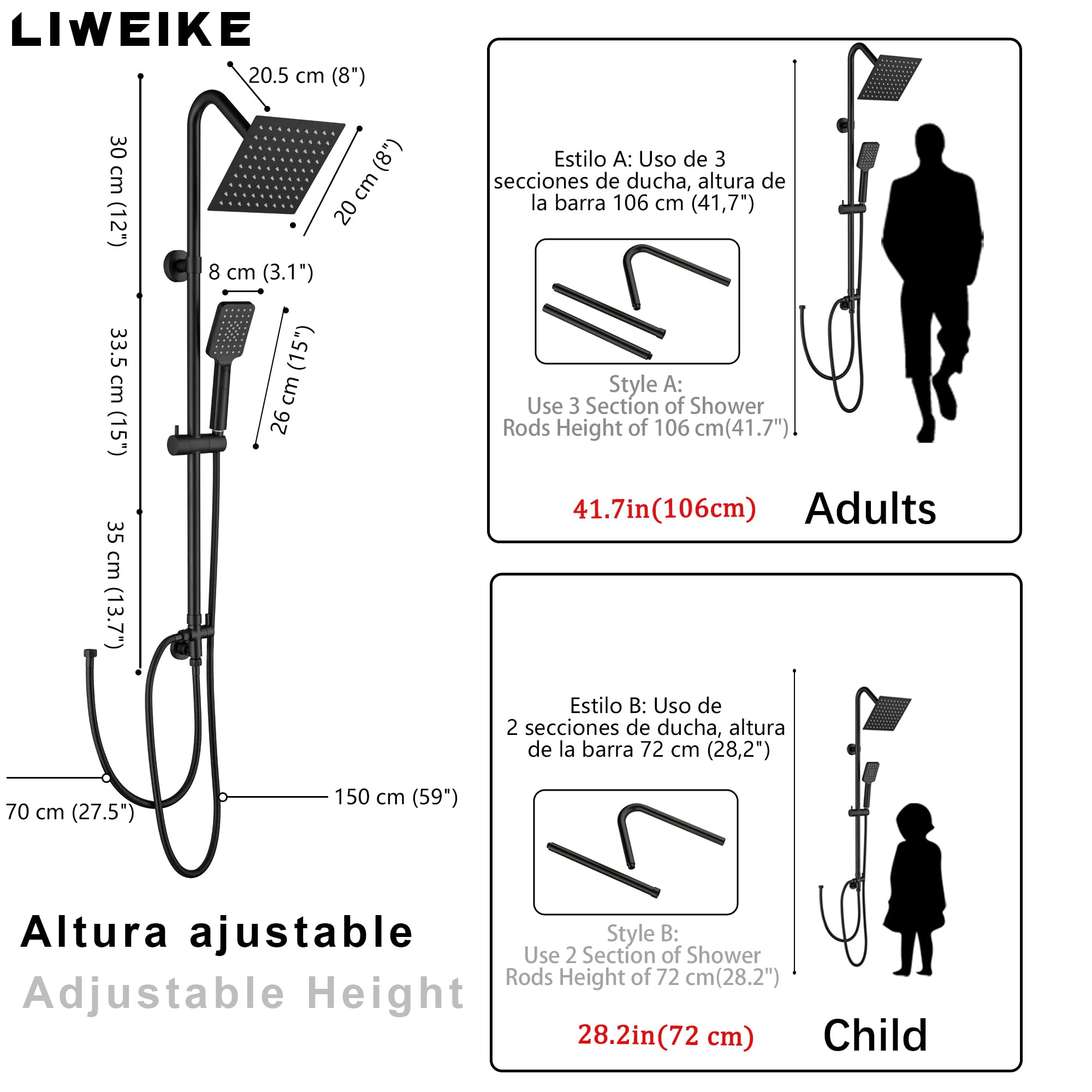 LIWEIKE Columna Ducha Negra, Columna Ducha sin Grifo Con Rociador de Lluvia de acero Inoxidable de 8 Pulgadas, Columna Ducha con 3 Modos de Pulverización, Negro Mate