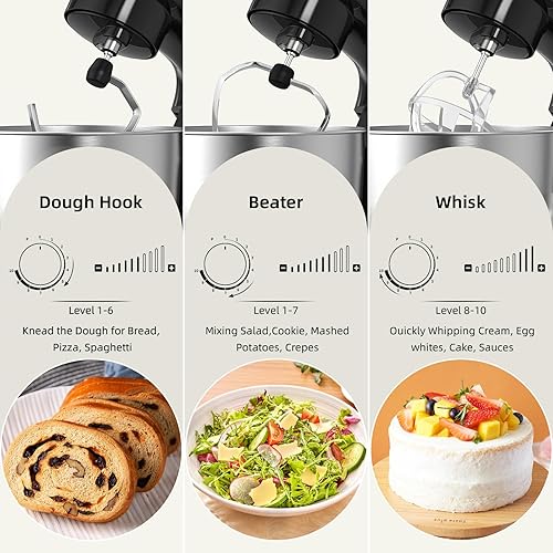 Miniatura 4 de Mezcladora de pedestal eléctrica, mezcladora de alimentos con cabezal inclinable de 10 velocidades, mezcladora de cocina 3-EN-1 para cocineros