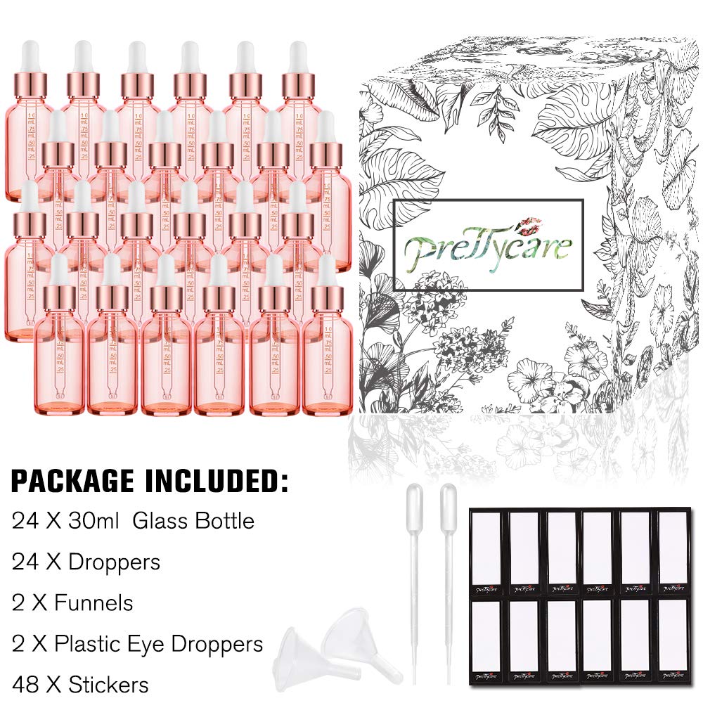 PrettyCare Flacone contagocce da 28,3 g (confezione da 24 flaconi in vetro rosa da 30 ml con pipette misurate, tappi dorati e 48 etichette, imbuto), flaconi vuoti per tintura di oli essenziali,