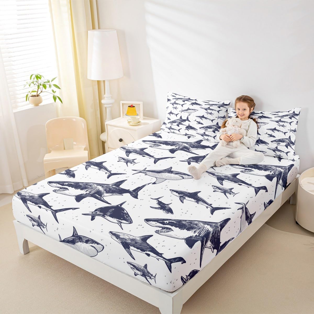 Erosebridal Shark Fitted Sheet Deep Pocket Full Size Ocean Life Bedding Set for Kids Boys Girls Children Underwater Word Sheet Set Sea Animal Bed Cover Grey and White Home Decoration(No Top Sheet)