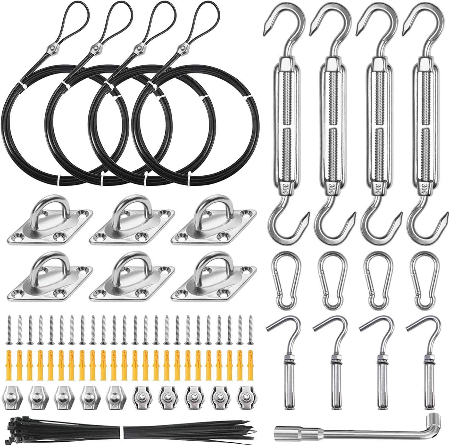 NEREUS Sun Shade Sail Hardware Kit with 12FT Vinyl Coated 304 Stainless Steel Wire Rope for Triangle Rectangle Sun Shade Sail Installation, Shade Sail Installation Kit for Outdoor Patio Garden