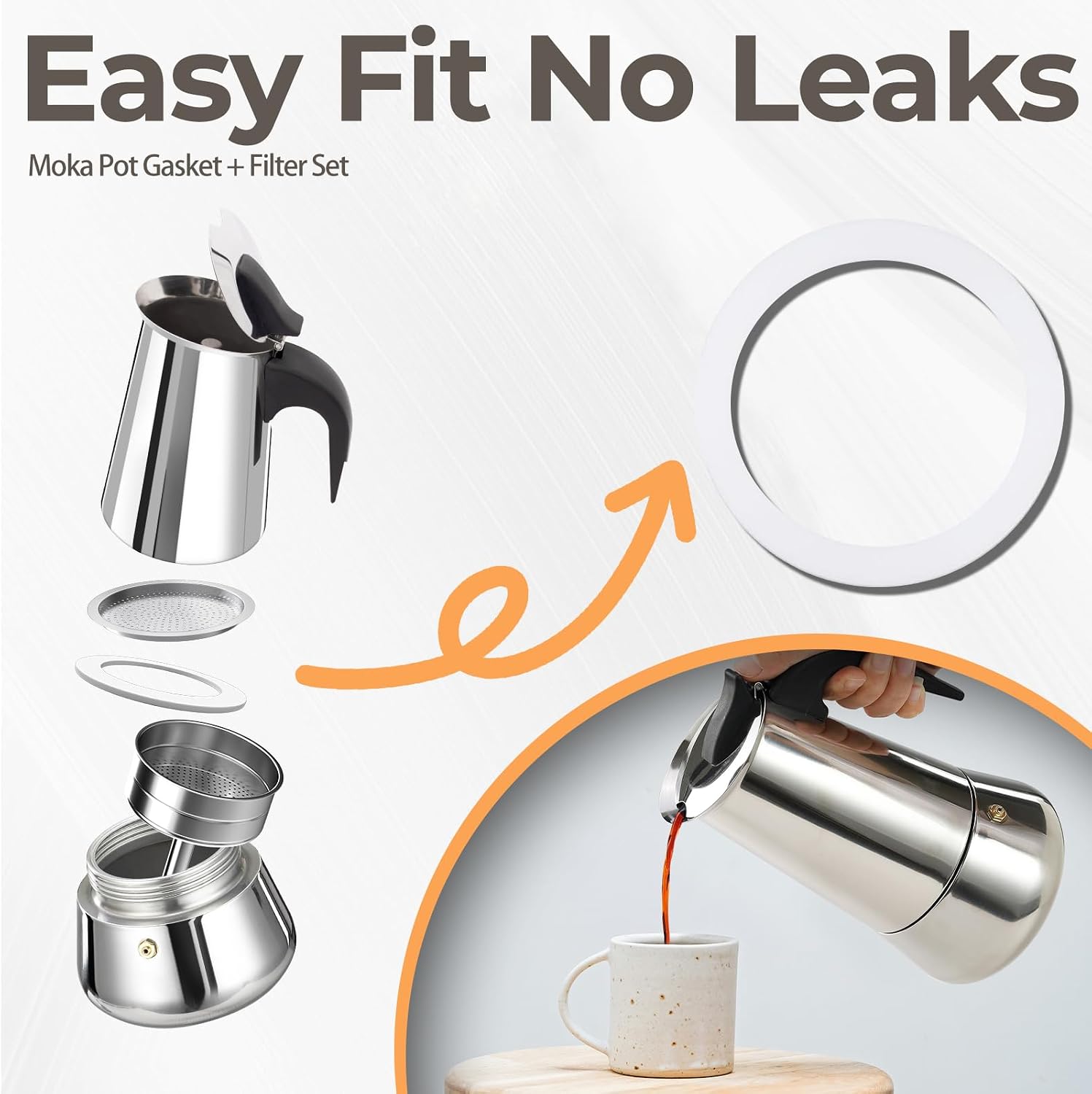 Moka Pot Gasket Replacement Stainless Steel 2 Pcs Filter with 3 Pcs Silicone Gasket Seals for 2 Cup Stainless Steel Stovetop Espresso Maker Moka Pot Gasket Ring Gaskets and Filters
