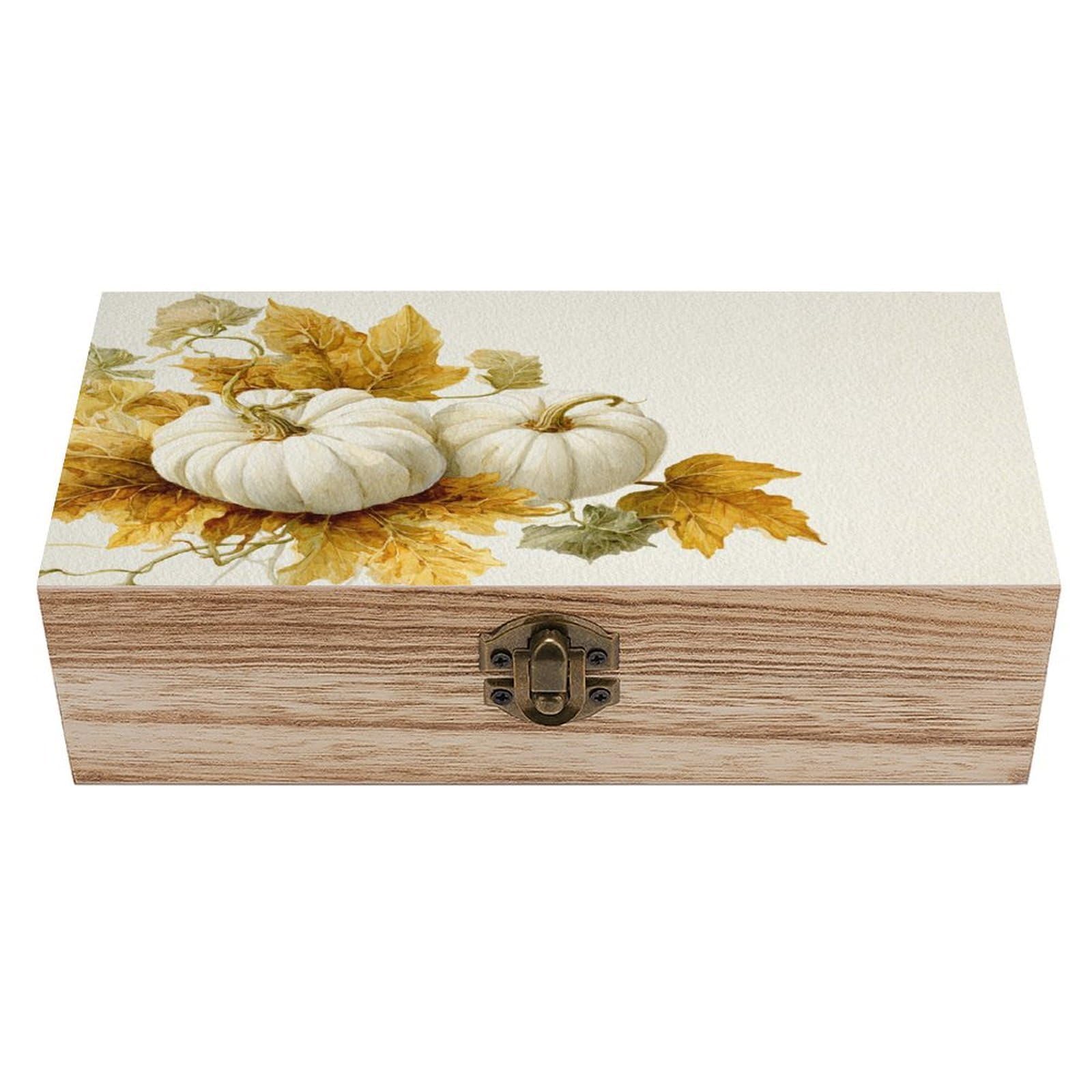 Watercolor White Pumpkins Fall Leaves Wooden Storage Box with Hinged Lid