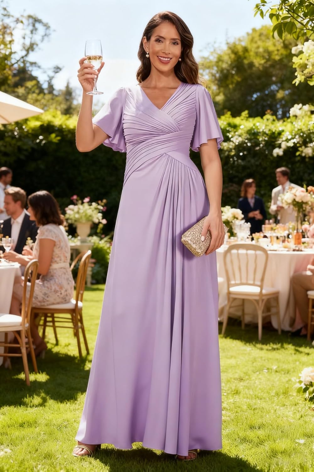 Short Sleeve Mother of Bride Dresses Long Pleated Chiffon Formal Dress Empire Waist A Line Wedding Guest Dress