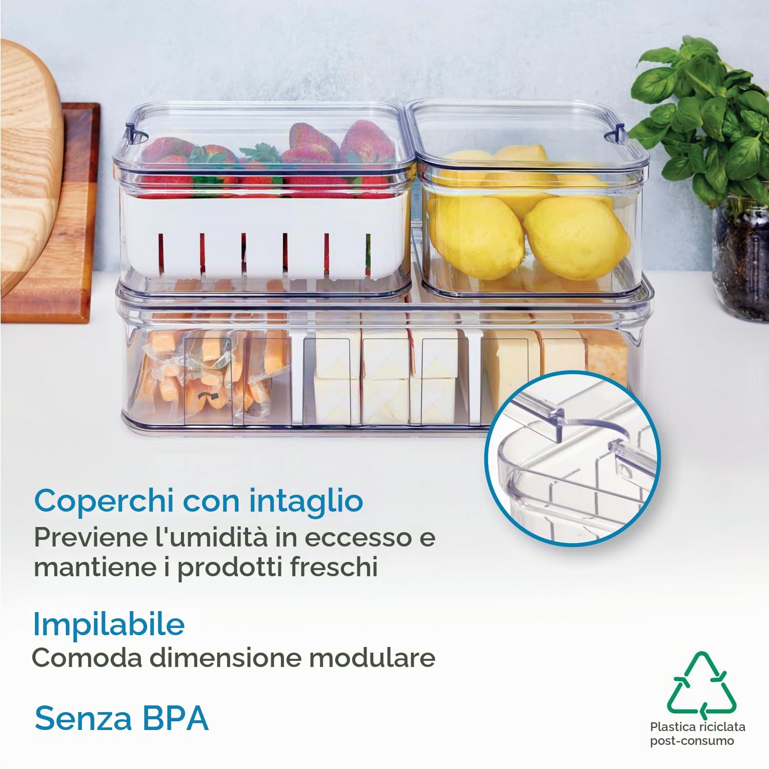 iDesign Organizer Frigorifero, Contenitori frigo con Coperchio in Set da 3, Contenitori per Frigorifero in plastica Riciclata per l'organizzazione di Alimenti, Trasparente/Bianco