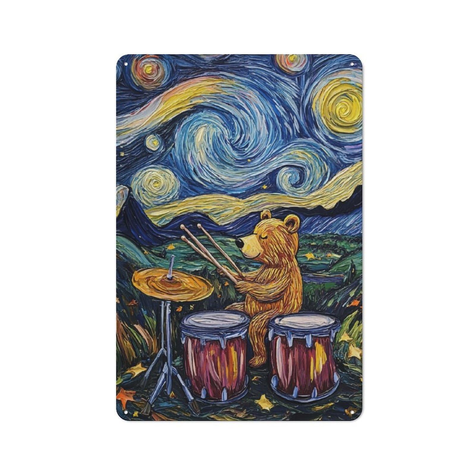 Bear Drumming Under Starry Night Classic Metal Wall Decor 30x20cm, Metal Sign for Cafe, Pub, Workshop Or Home Bar, Small Accent for Blank Walls