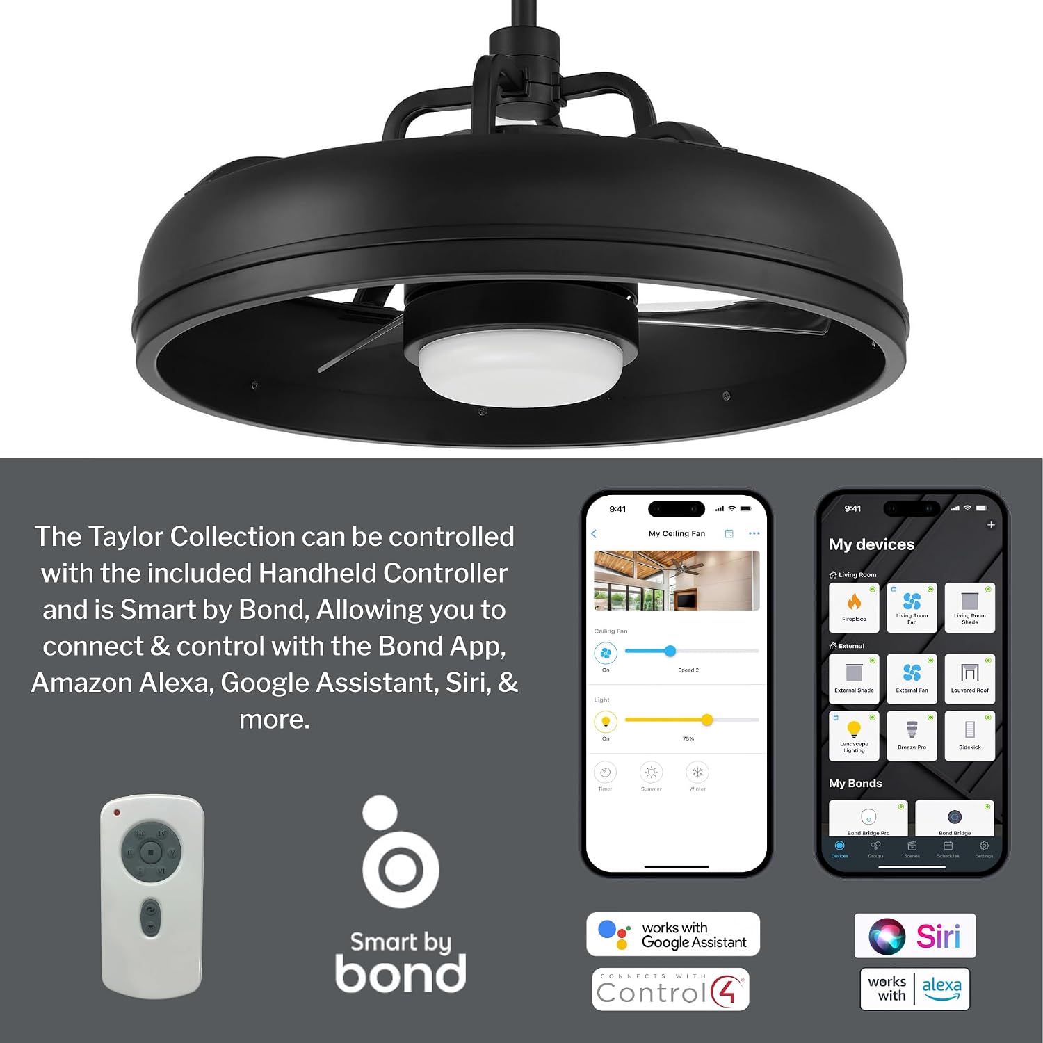 Craftmade TYL24FB3-NWF Taylor 24 Inch 3 Blade Indoor Outdoor Fandelier | Flat Black Finish with Clear Acrylic Blades | Integrated 1167 Lumens LED 3000K | Remote Included | DC Motor Ceiling Fan