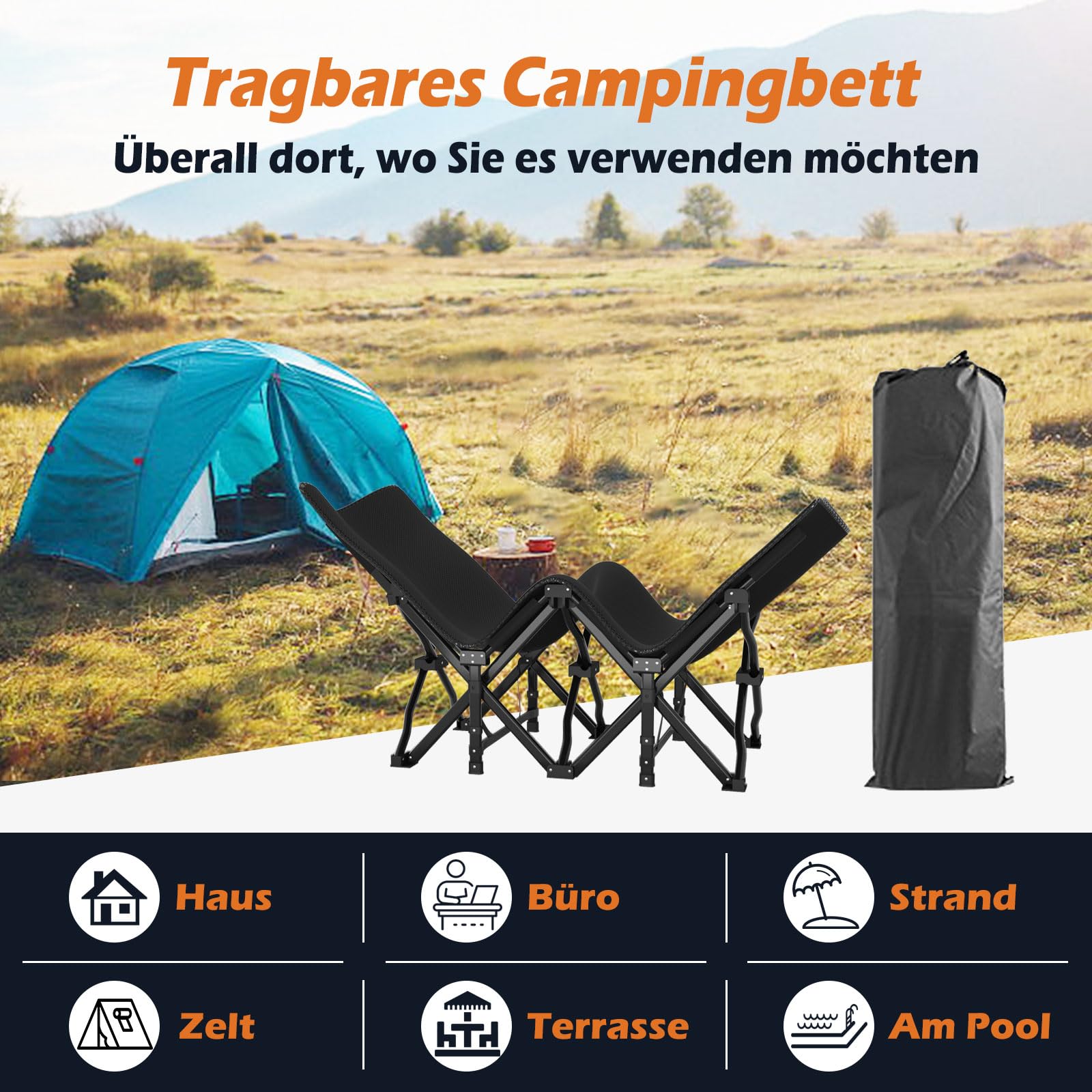 ATORPOK SHOP Campingbett feldbett klappbar, Faltbar Gästebett bis 200 kg für,Klappbett mit Seitentasche, tragbares Campingliege，Outdoor, Garten, Camping, Reisen, Indoor