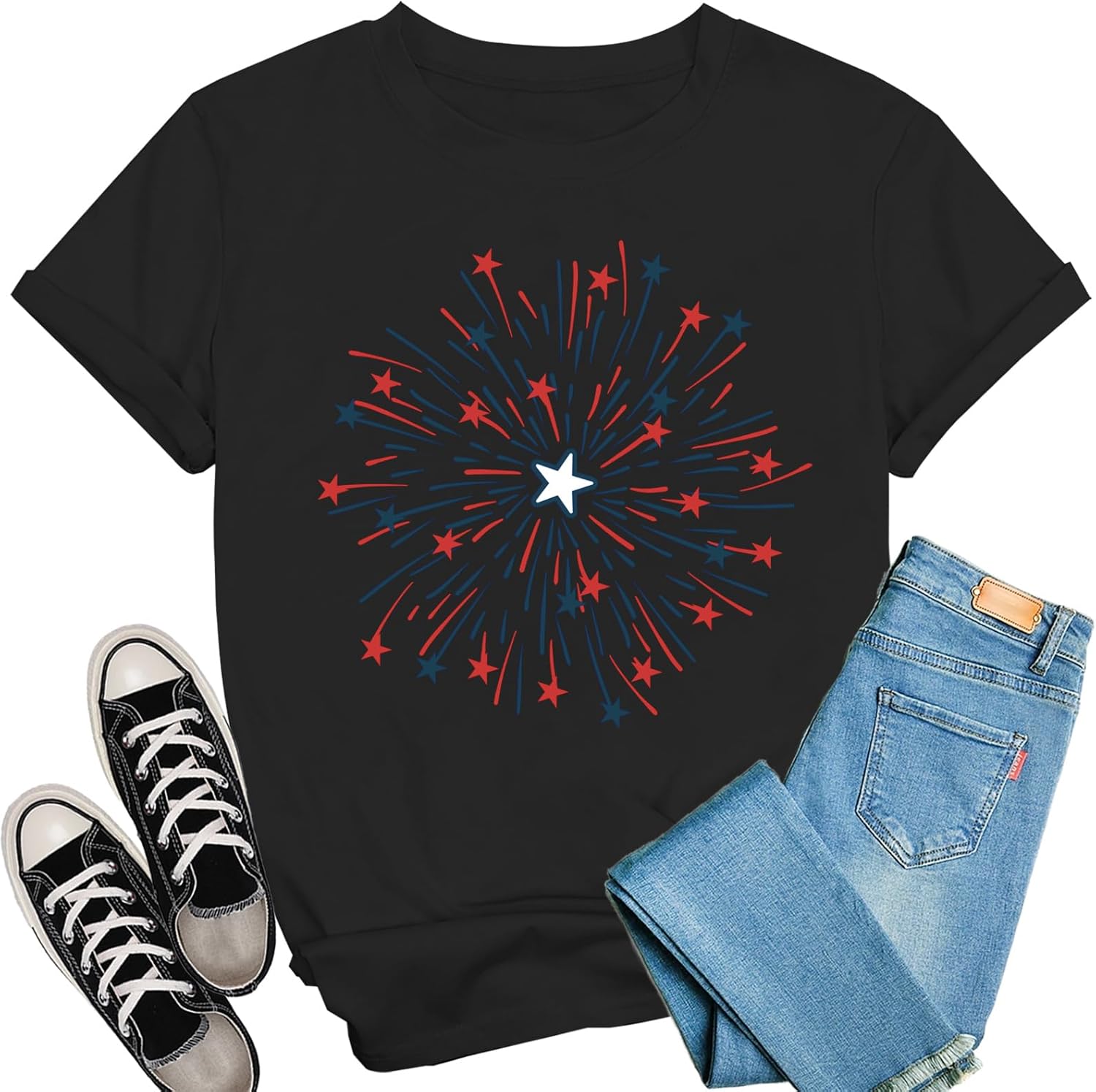 American Flag Shirt Women USA Firework Patriotic Print T-Shirts 4th of July Tee Tops