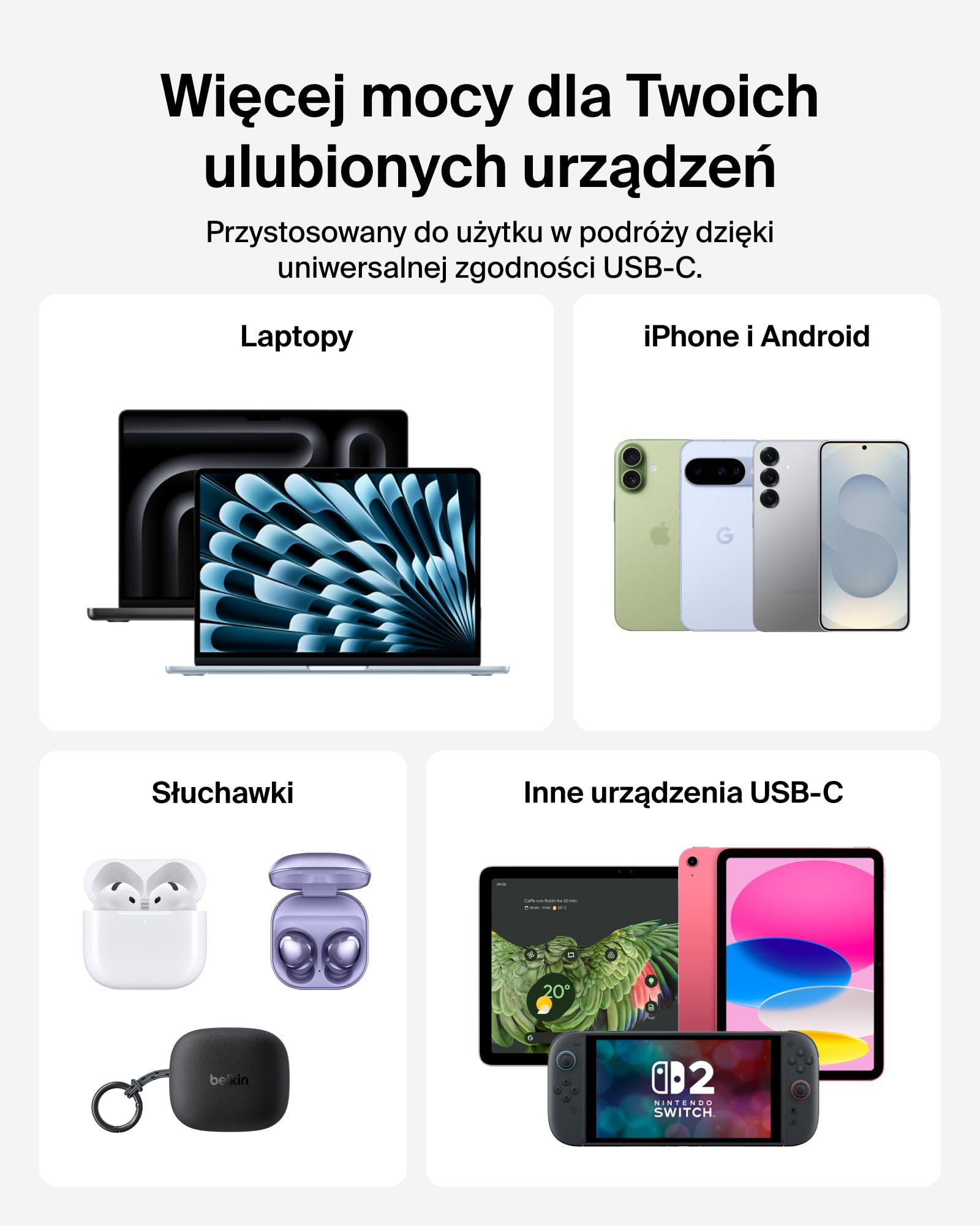 Belkin UltraCharge Pro Powerbank 27 000 mAh, Przenośna Ładowarka ze Wbudowanym Kablem USB-C, 240 W USB PD – Szybkie Ładowanie Urządzeń MacBook Pro, iPhone, iPad, Galaxy, Pixel i Innych – Antracytowy