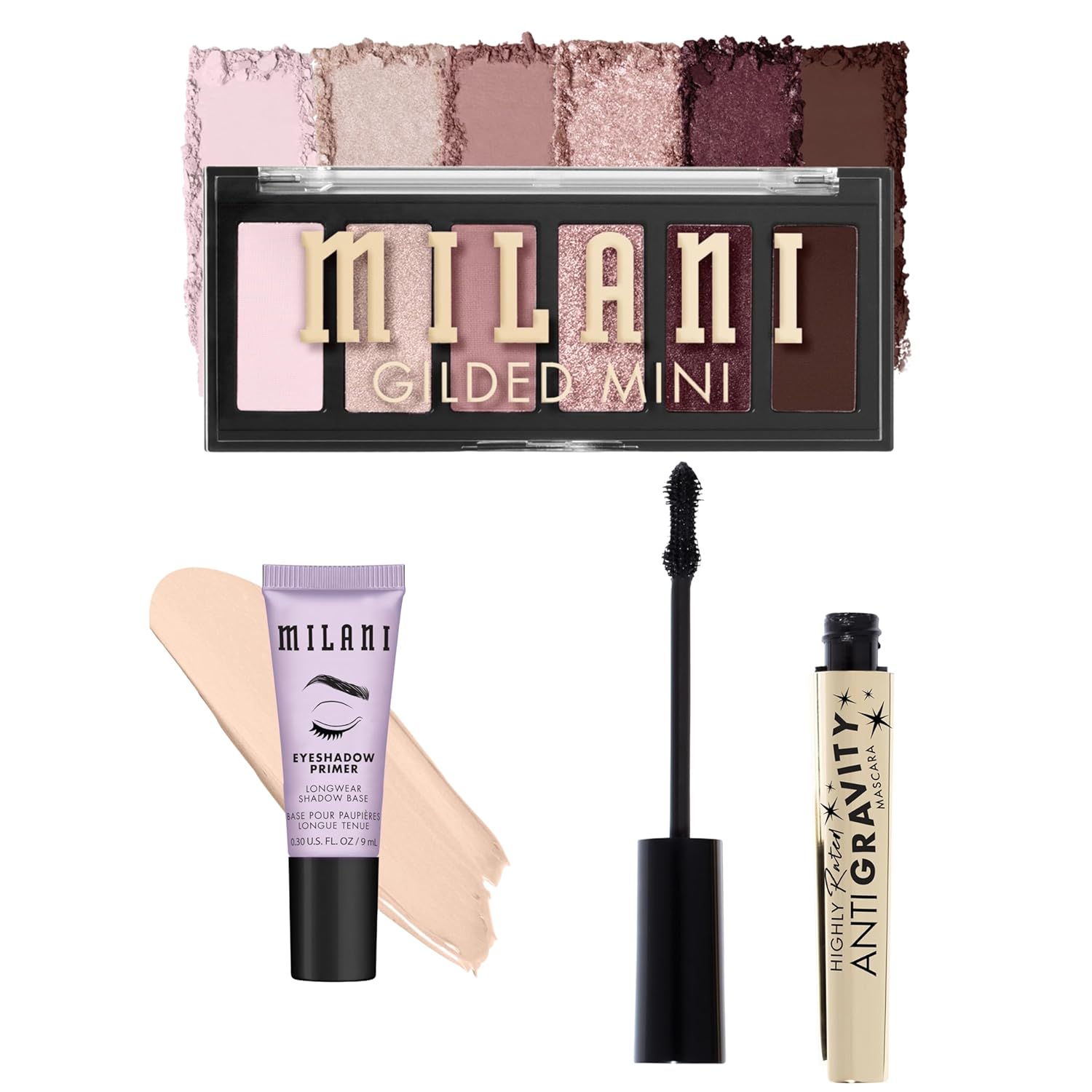 Milani Eyeshadow Primer + Gilded Mini Eyeshadow Palette - The Wine Down + Highly Rated Anti-Gravity Black Mascara with Castor Oil and Molded Hourglass Shaped Brush