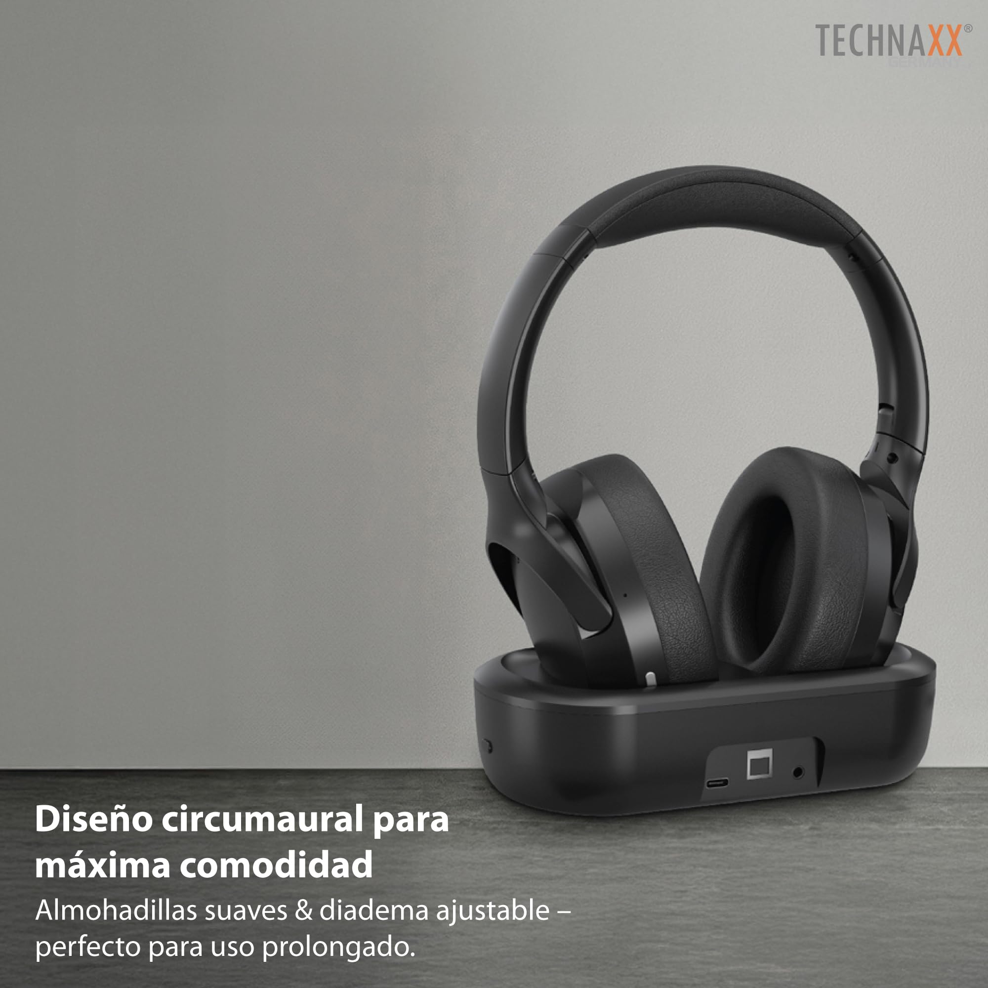 Technaxx Auriculares TV inalámbricos con Base de Carga – Cascos Bluetooth 5.4 Over-Ear con micrófono, 30h batería, USB-C, Entrada óptica y AUX – Ideales para televisión, Mayores y música - TX-350