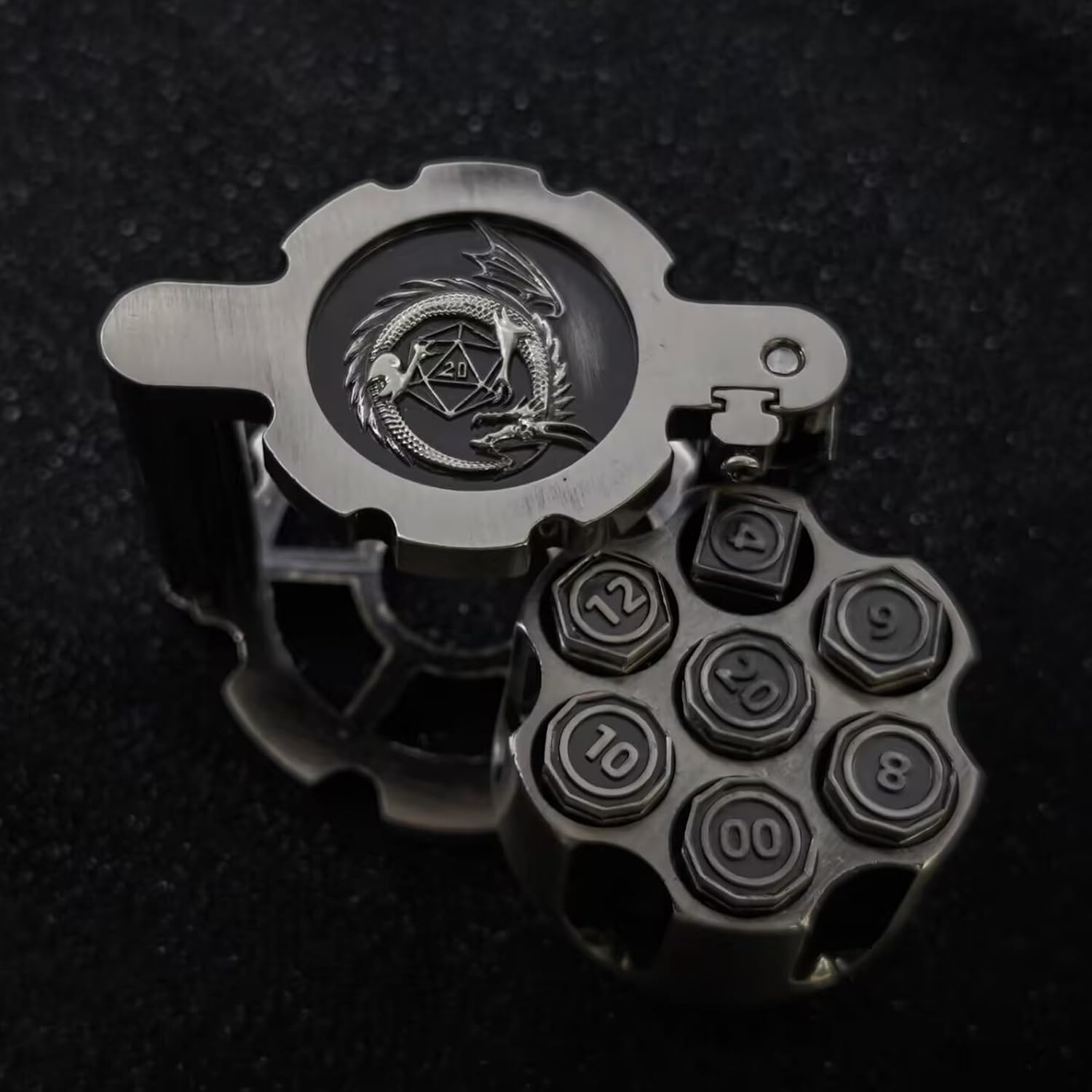 Revolver Metal Dice Set, 7 Piece Polyhedral Bullet Dice with Spinning Revolver Cylinder Case, Cyberpunk Style Tabletop RPG Dice for Dungeons and Dragons, Table Games