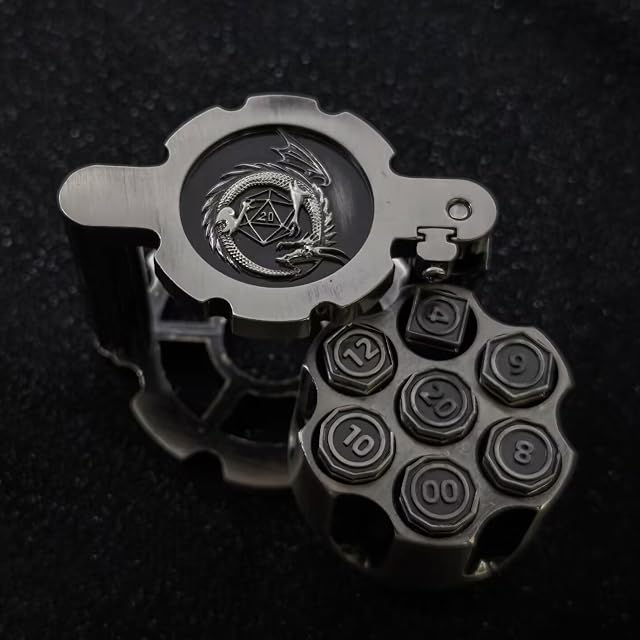 Revolver - Juego de dados de metal, 7 dados poliédricos de bala con caja cilíndrica giratoria, dados de rol…
