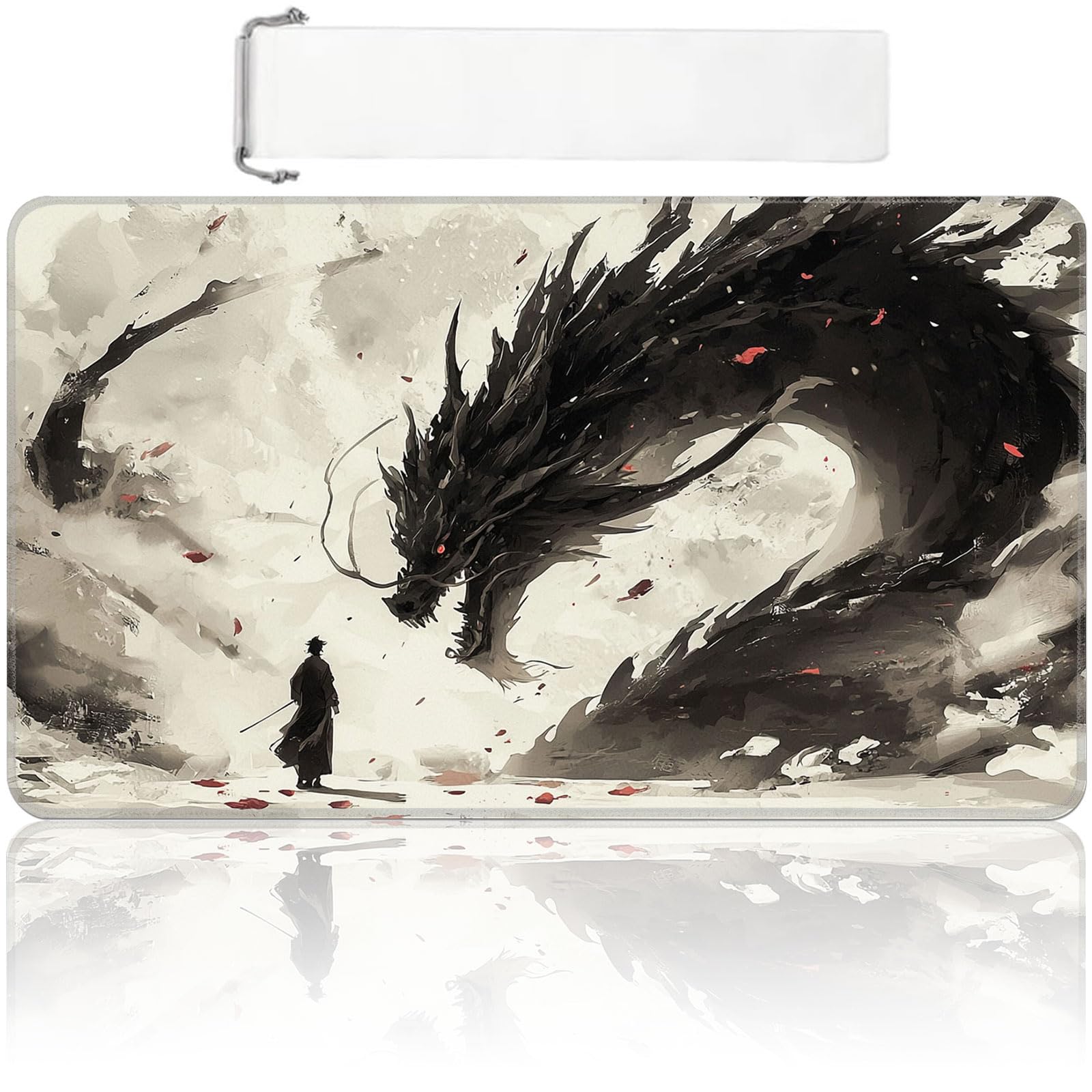 MTG Playmat 24x14 inch with Free Storage Bag, Non-Slip Rubber Base TCG Play Mat for Magic The Gathering, Card Playmat for YGO, Durable Portable Game Matt, Black Dragon
