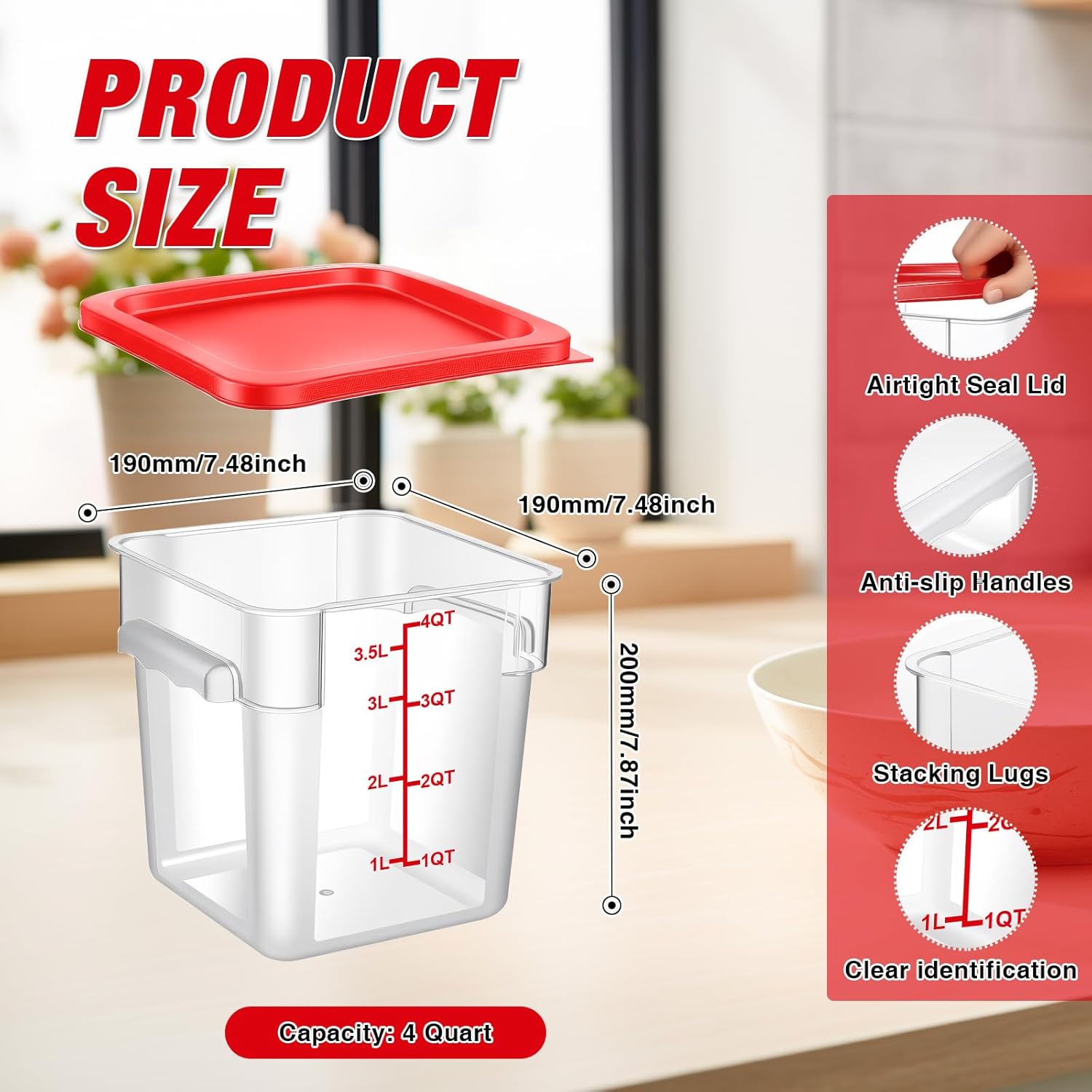 Square Food Storage Containers with Lids 4-Pack, Lock-Tight Seal for Flour, Sugar, Cereal, Keep Food Fresh, BPA-Free Stackable Kitchen Canisters with Measurements (Red, 4QT-4PACK)