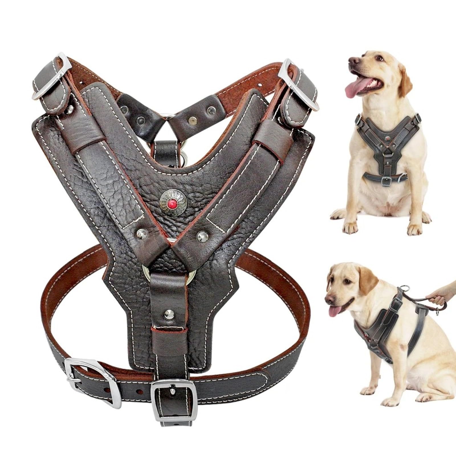 Pettorina Per Addestramento Per Cani Morbida E Confortevole Pettorina Per Cani In Pelle Regolabile Con Maniglia Di Controllo Rapido Per Bulldog Labrador,Marrone,XL