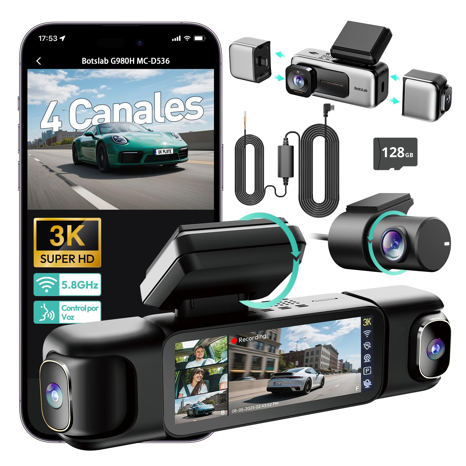 BOTSLAB 3K de 4 Canales Cámara para salpicadero, Derecha y Trasera con Gran Angular de 560°, Modo de Aparcamiento 24/7, 5,8GHz WiFi y GPS Integrados, Tarjeta SD de 128 GB y Kit de Cableado Incluidos