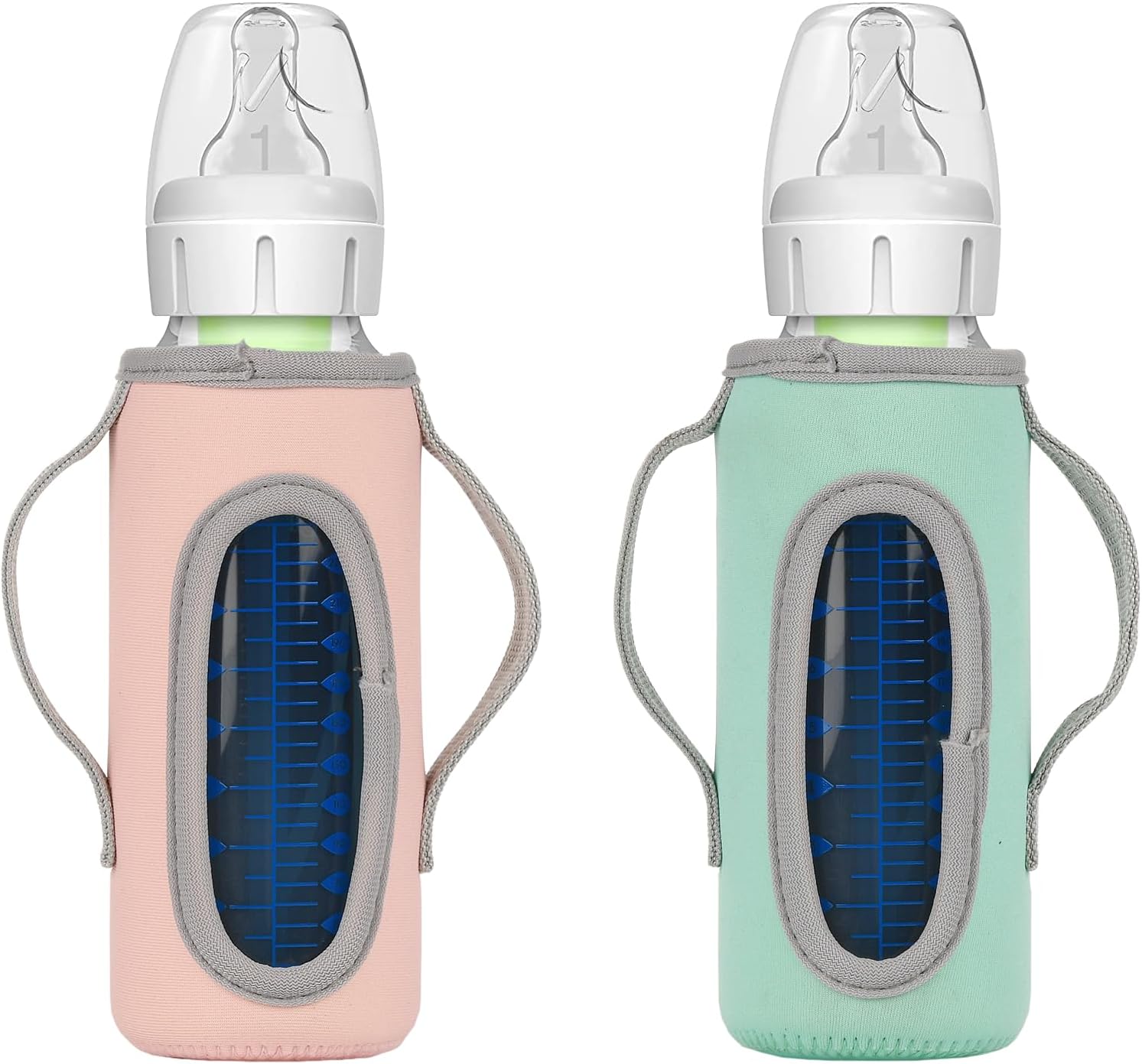 Beautyflier Glass Baby Bottle Sleeve Covers for Dr. Brown’s Natural Narrow Baby Bottles 8 oz with Dual Handle, 3.3mm Thicken Heat and Cold Retention Baby Bottle Sleeve (Narrow, 8oz)