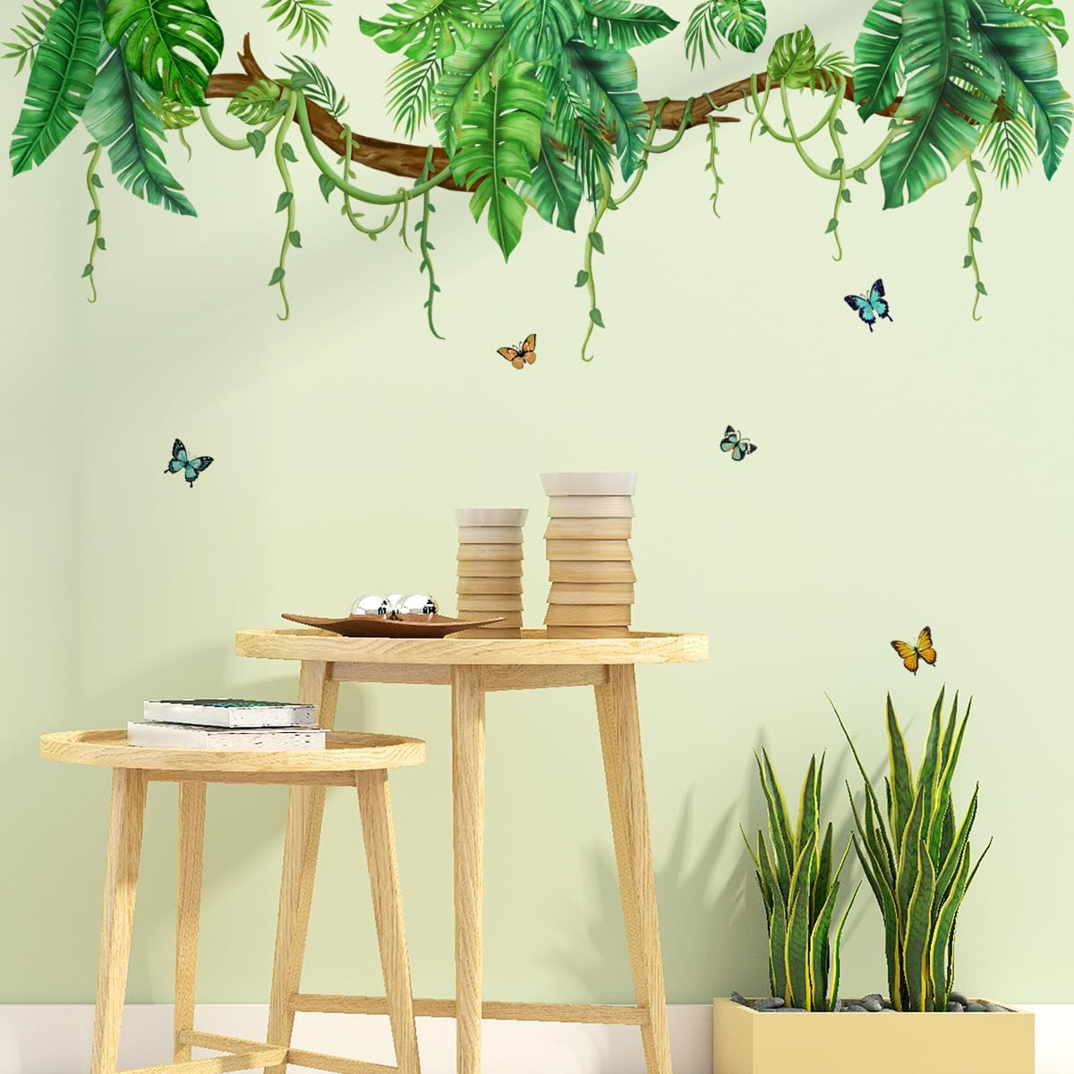 Jungle Wall Decals Tropical Wall Decor Stickers Hanging Vines Palm Leaves Murals Peel and Stick Green Plant with Butterfly Wall Stickers for Bedroom Living Room Wall Decor