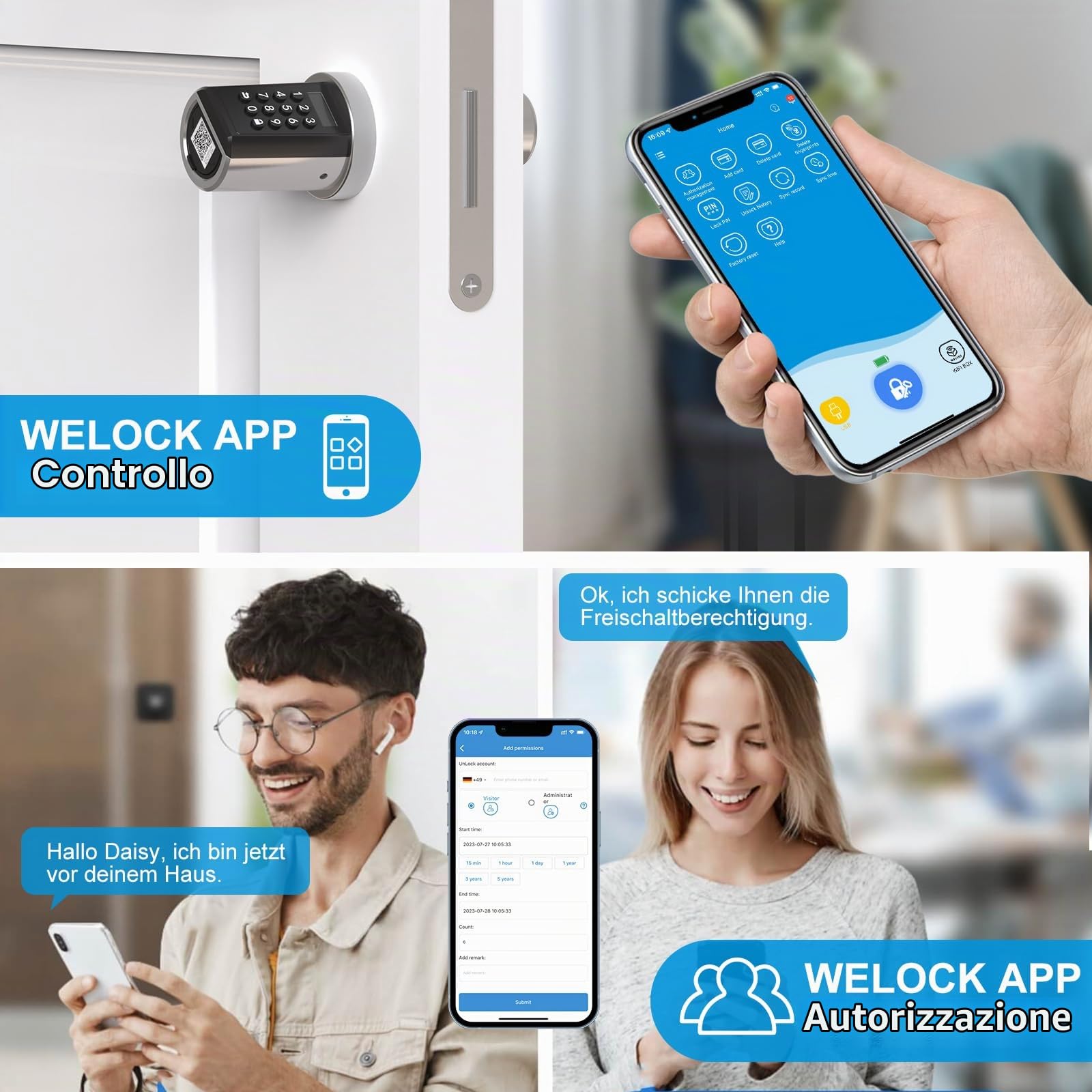 WELOCK PCB51 Smart Lock,Serratura Smart porta blindata,supporta PIN, RFID, APP e chiave di emergenza USB di backup,cilindro elettronico regolabile 30-70 mm