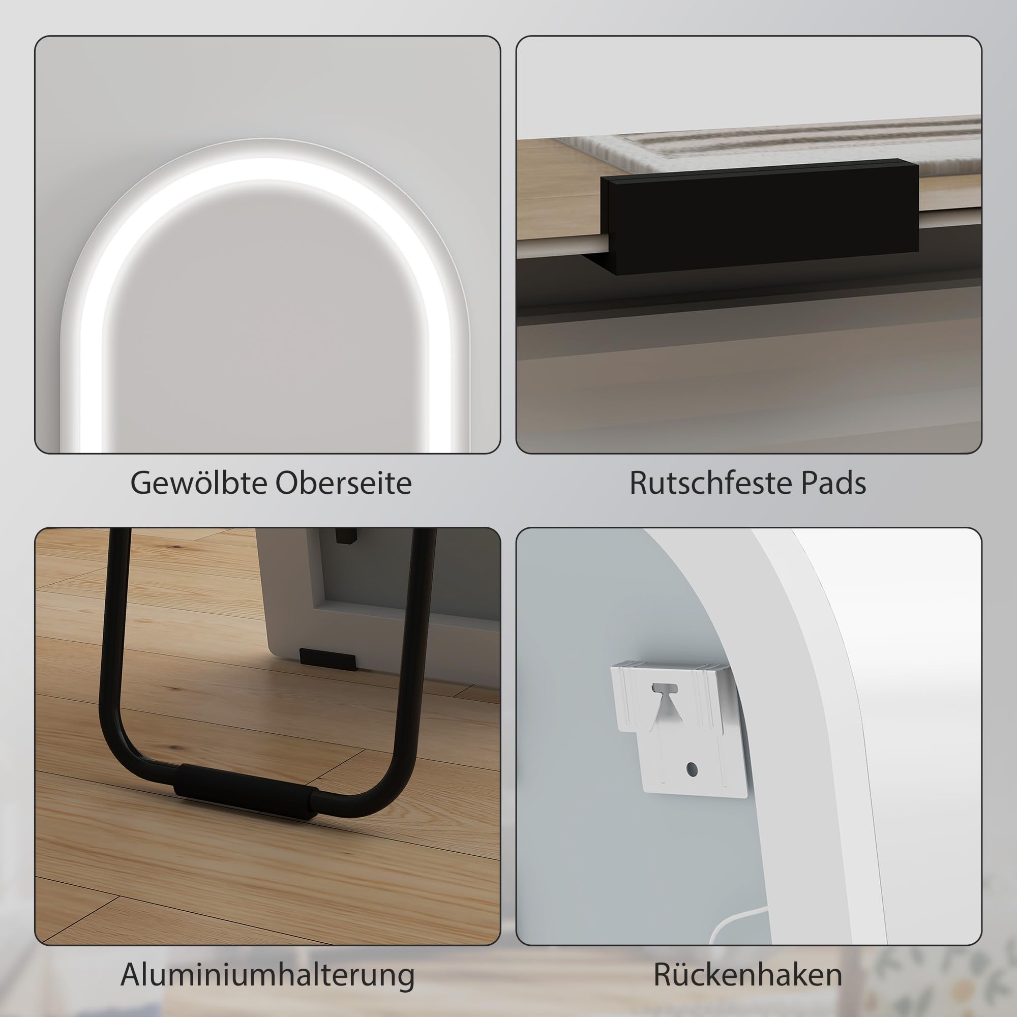 HOMCOM Ganzkörperspiegel mit Beleuchtung 150 x 40 cm Großer Bodenspiegel mit dimmbaren LEDs, 3 Lichtfarben, Memory-Funktion, gewölbt, zum Hängen oder Anlehnen an die Wand, für Schlafzimmer, Weiß