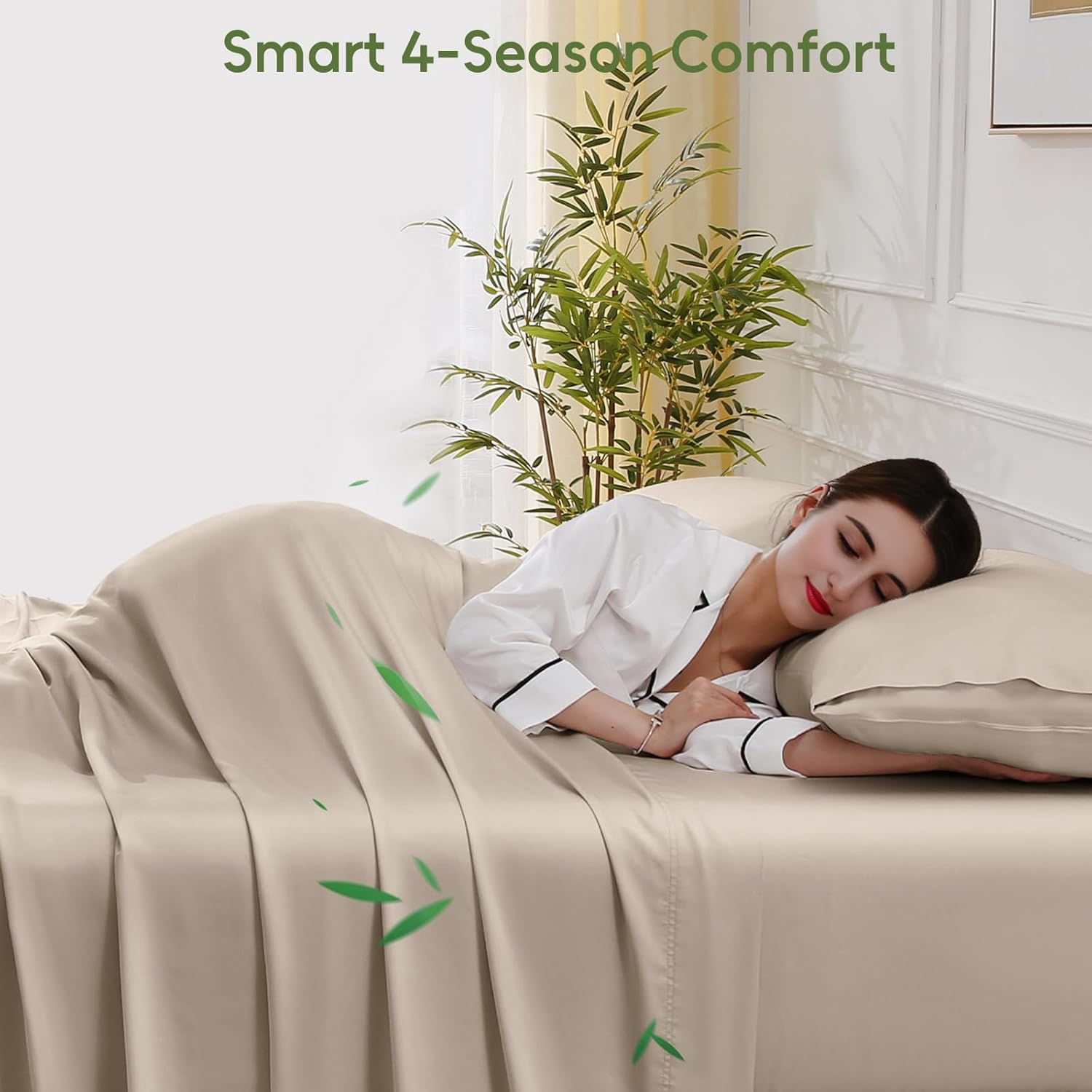 100% Organic Viscose Derived from Bamboo, 4-Piece King Bed Sheet Set, Ultra Soft & Luxuriously Cooling Sheets, Deep Pocket Fits 16" Mattress, Perfect for Hot Sleepers, Sand - Image 3