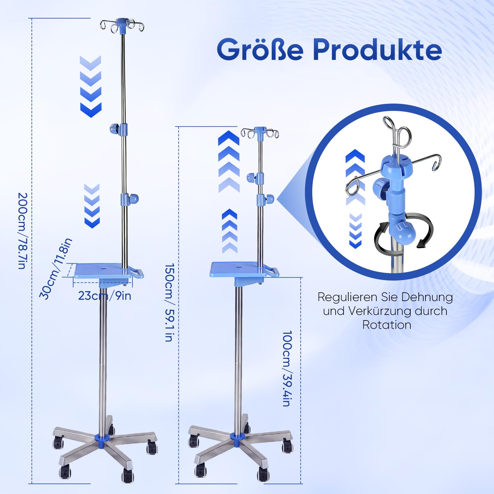 Supporto per infusione regolabile in acciaio inox con ruote, vassoio e 4 ganci, altezza regolabile 1,5-2 m, supporto a 5 gambe, portata 8 kg, per ospedale, clinica e casa